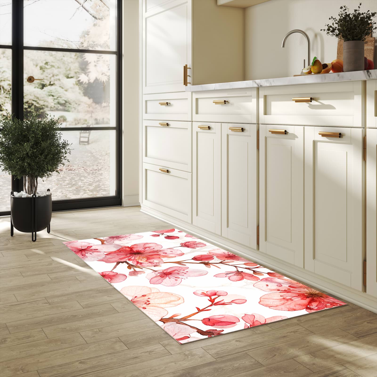 Formstabiler Küchenteppich mit Motiv Blumenmuster Blüten in heller Küche