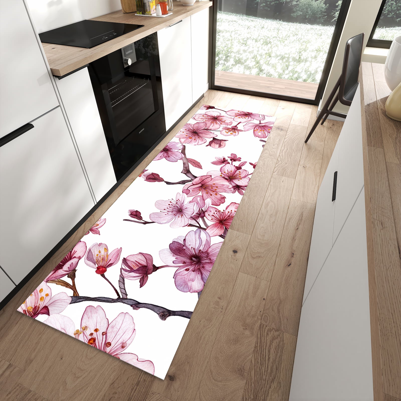 Hygienischer Küchenteppich mit Motiv Blütenmeer in moderner Küche - waschbar