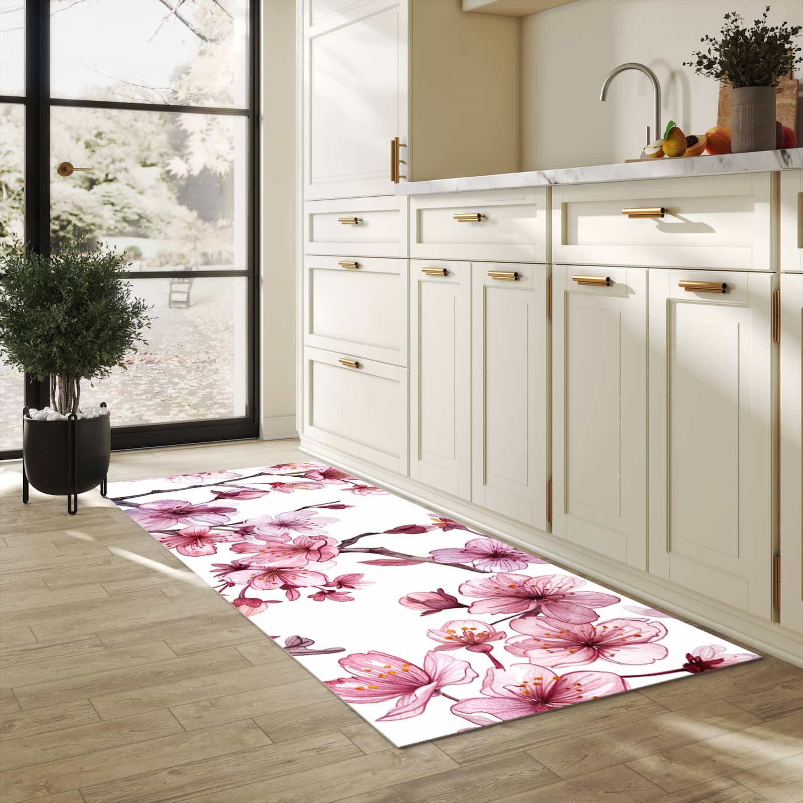 Pflegeleichter Küchenläufer nach Maß mit Motiv Blütenmeer in heller Küche