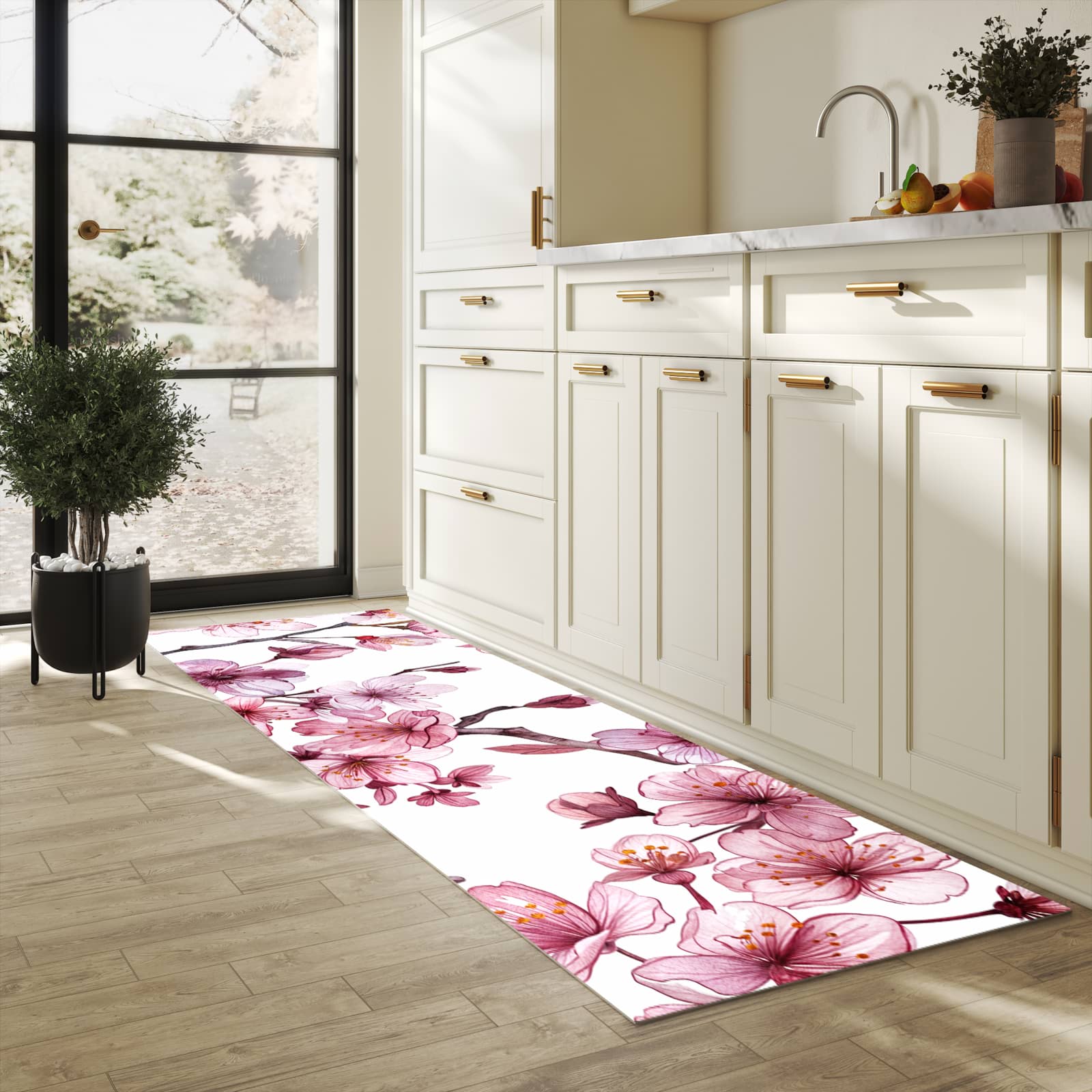 Pflegeleichter waschbarer Küchenläufer mit Motiv Blütenmeer in heller Küche