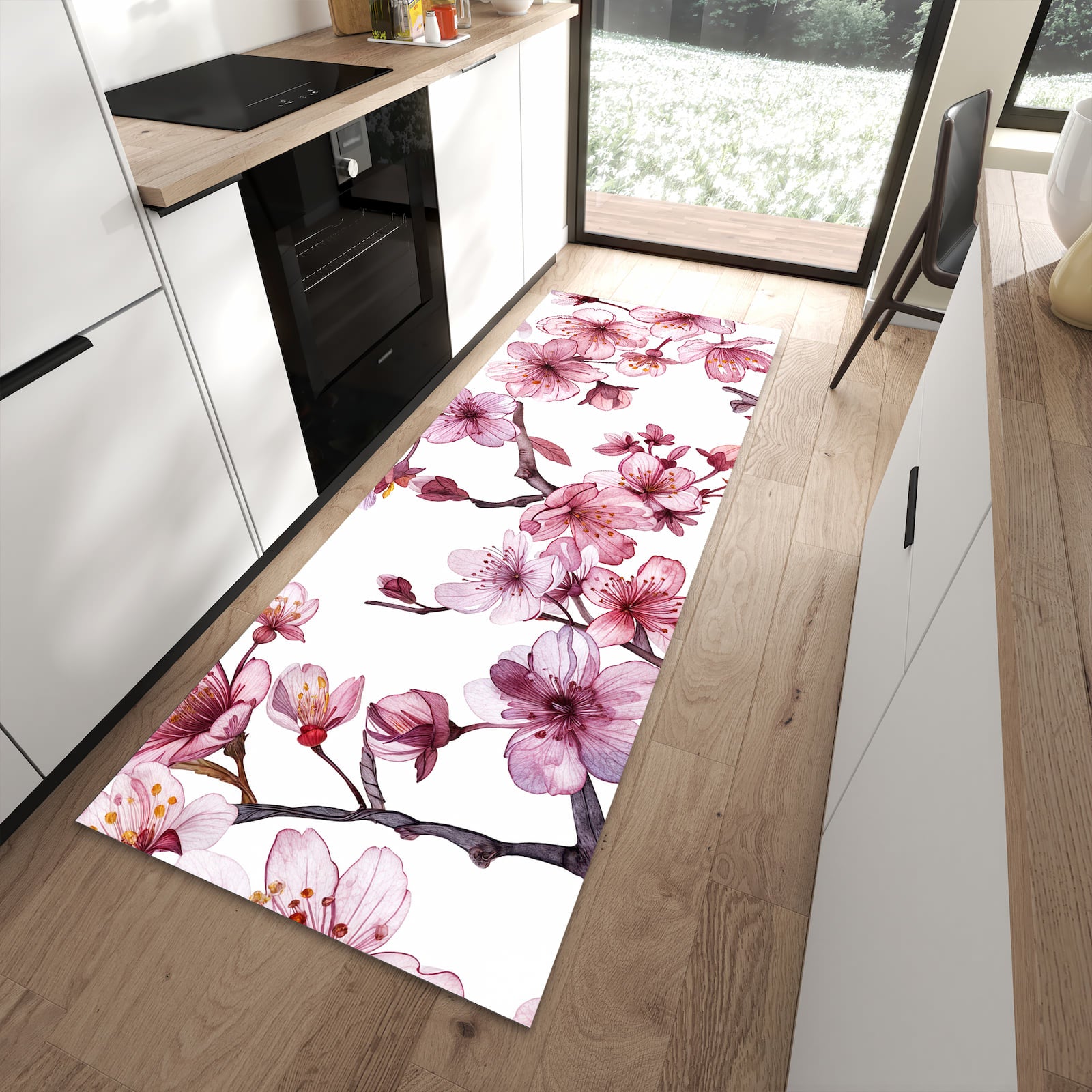 Rutschfester Küchenläufer mit Motiv Blütenmeer in moderner Küche