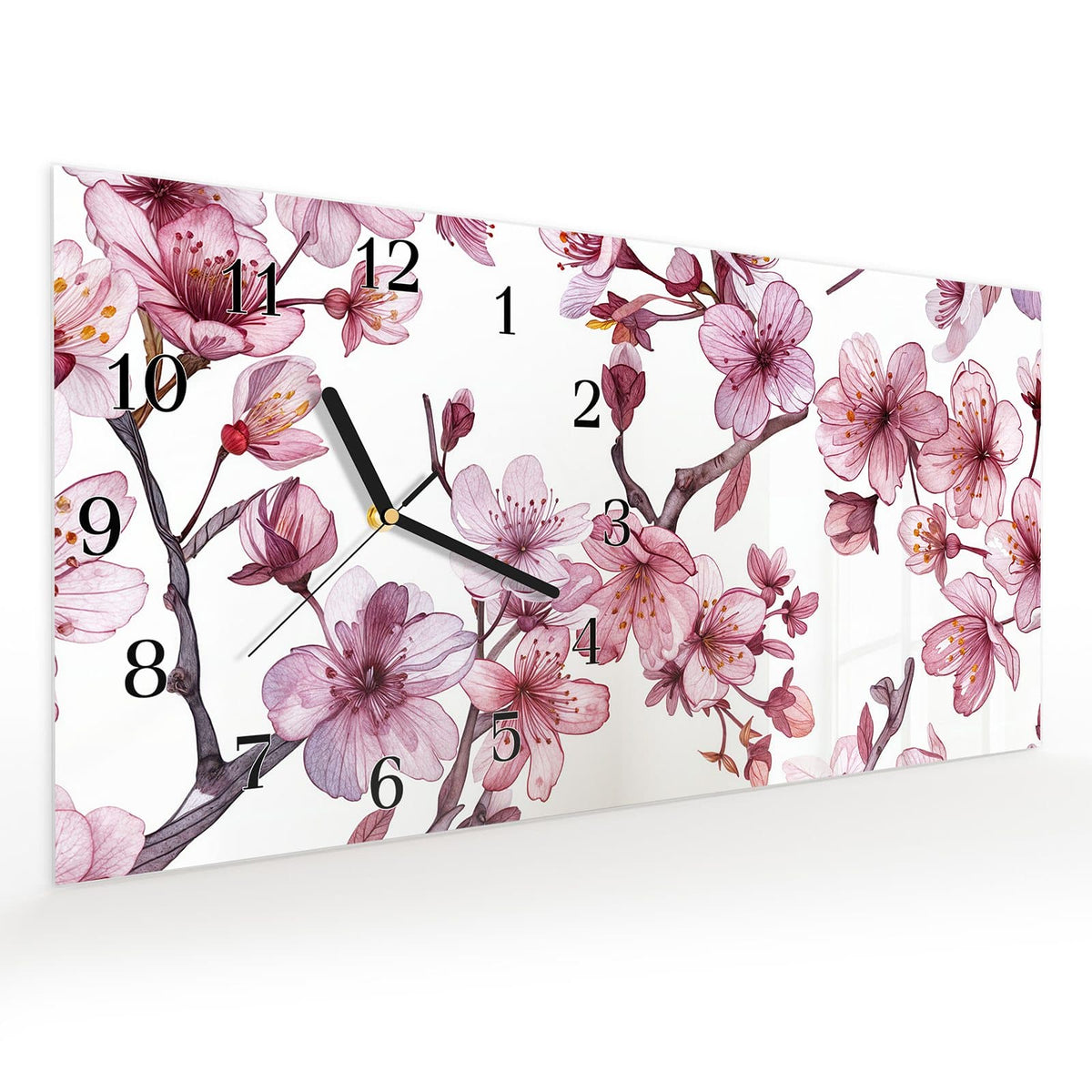 Vormontiert – mit Schwebeeffekt – Wanduhr Blütenmeer aus Glas – Querformat 60 × 30 cm