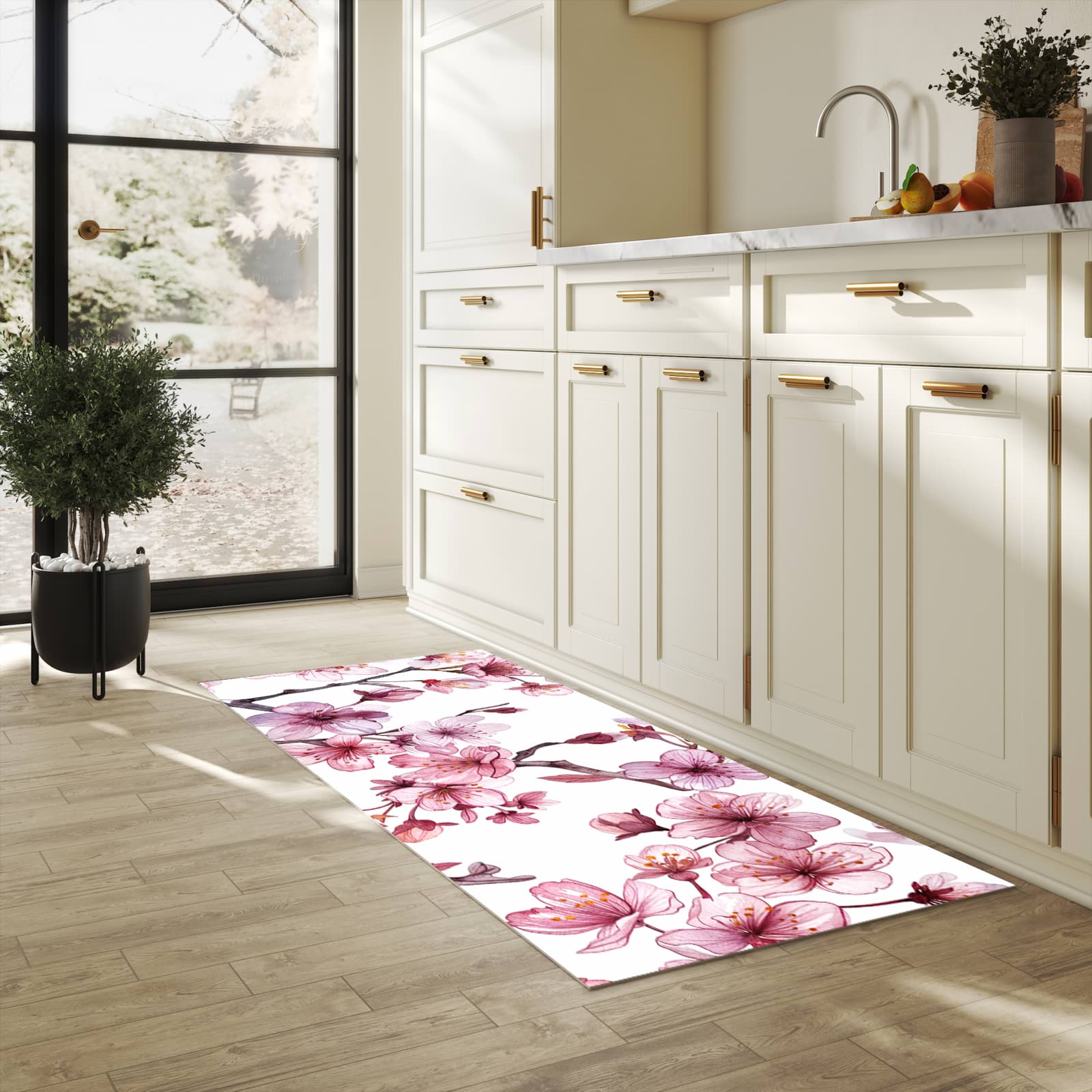 Langlebiger rutschfester Küchenläufer mit Motiv Blütenmeer in heller Küche