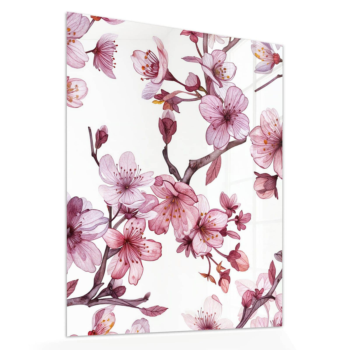 Echtglas, 4 mm – kein Acryl, keine Folie – Wandbild - Kirschblüten auf Weiß - Hochformat