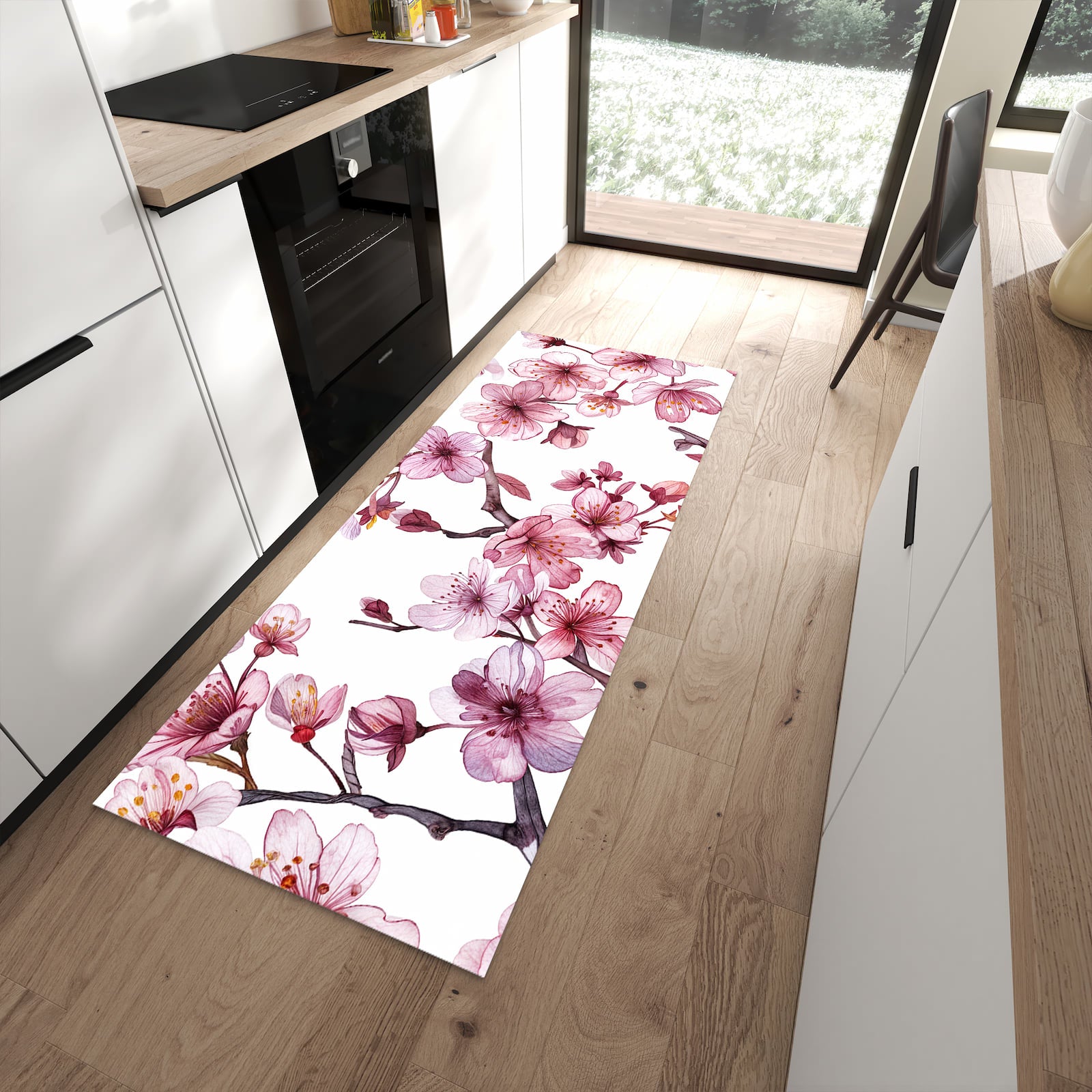 Rutschfester Küchenteppich mit Motiv Blütenmeer für angenehmes Stehen in moderner Küche