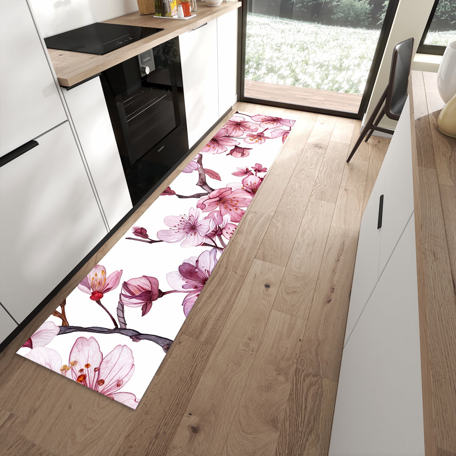 Komfortabler waschbarer Küchenteppich mit Motiv Blütenmeer in moderner Küche
