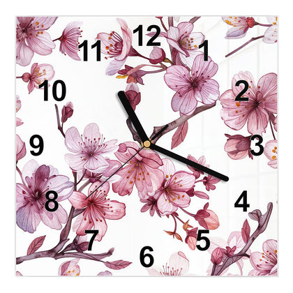 Wanduhr Quadratisch mit dem Motiv Kirschblüten auf Weiß