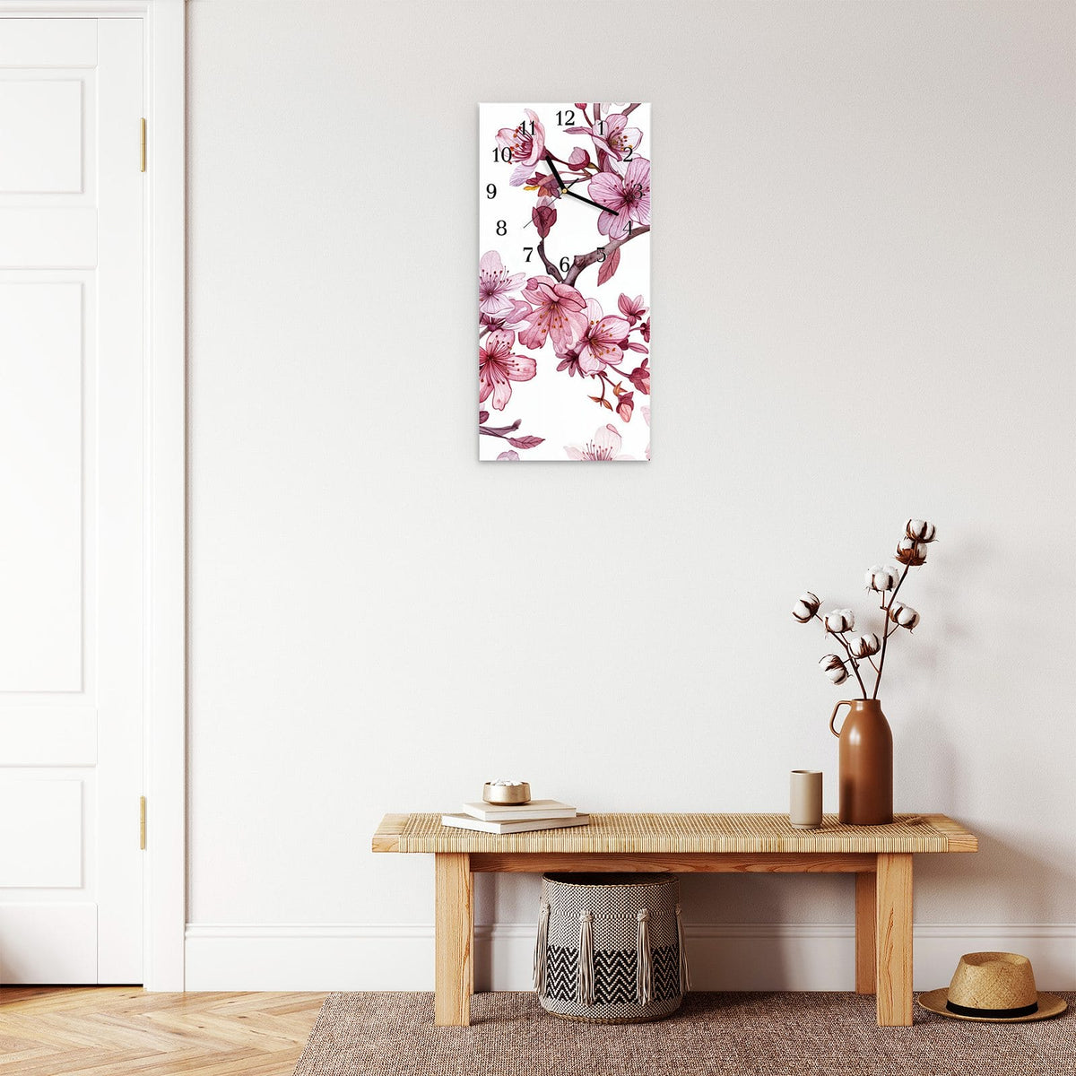 Moderne Wanduhr aus Glas mit Farbtiefe – Wanduhr Blütenmeer aus Glas – Hochformat 30 × 60 cm