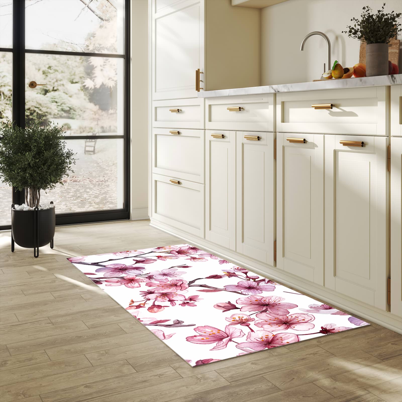 Rutschfester Küchenläufer mit Motiv Blütenmeer in heller Küche