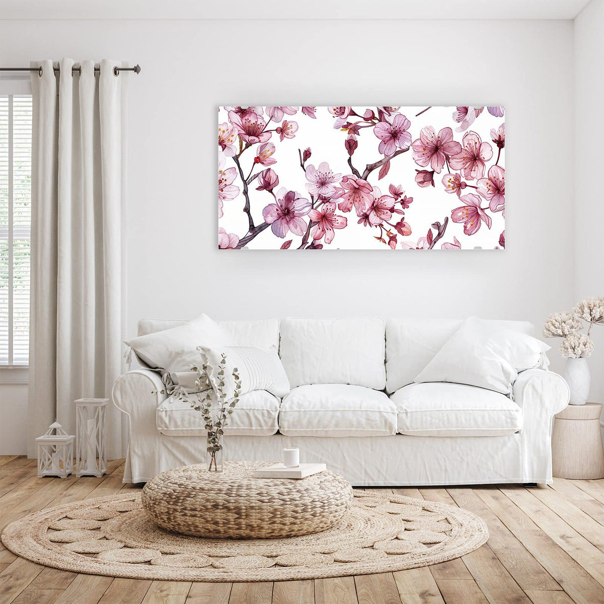 Wandbild - Kirschblüten auf Weiß - Querformat – Kirschblütenzweige auf weißem Grund