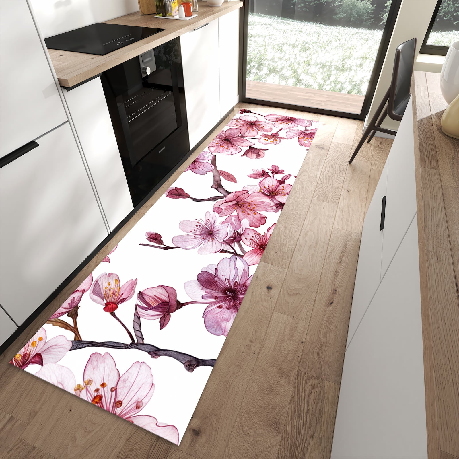 Strapazierfähiger Küchenläufer mit Motiv Blütenmeer in moderner Küche