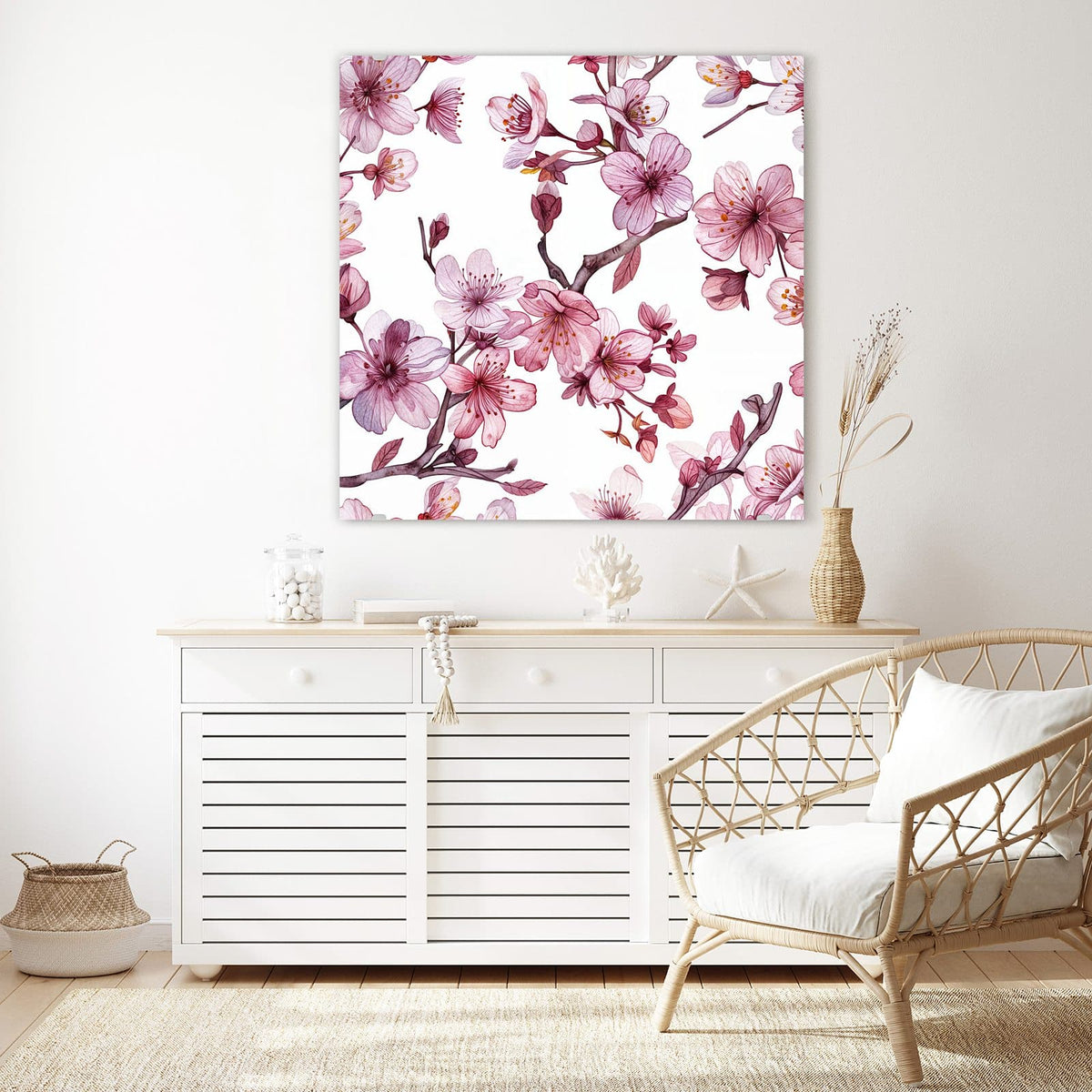Glasbild Kirschblüten auf Weiß an der Wand – Aquarell-Kirschblütenzweige in Altrosa mit braunen Ästen auf reinweißem Grund.