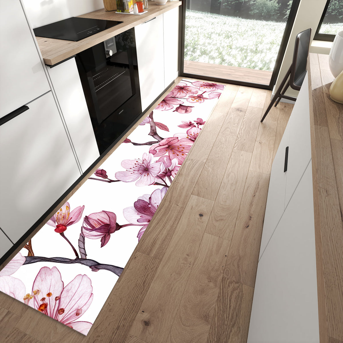 13 Größen – von 60 × 90 bis 80 × 300 cm – Küchenläufer - Kirschblüten auf Weiß
