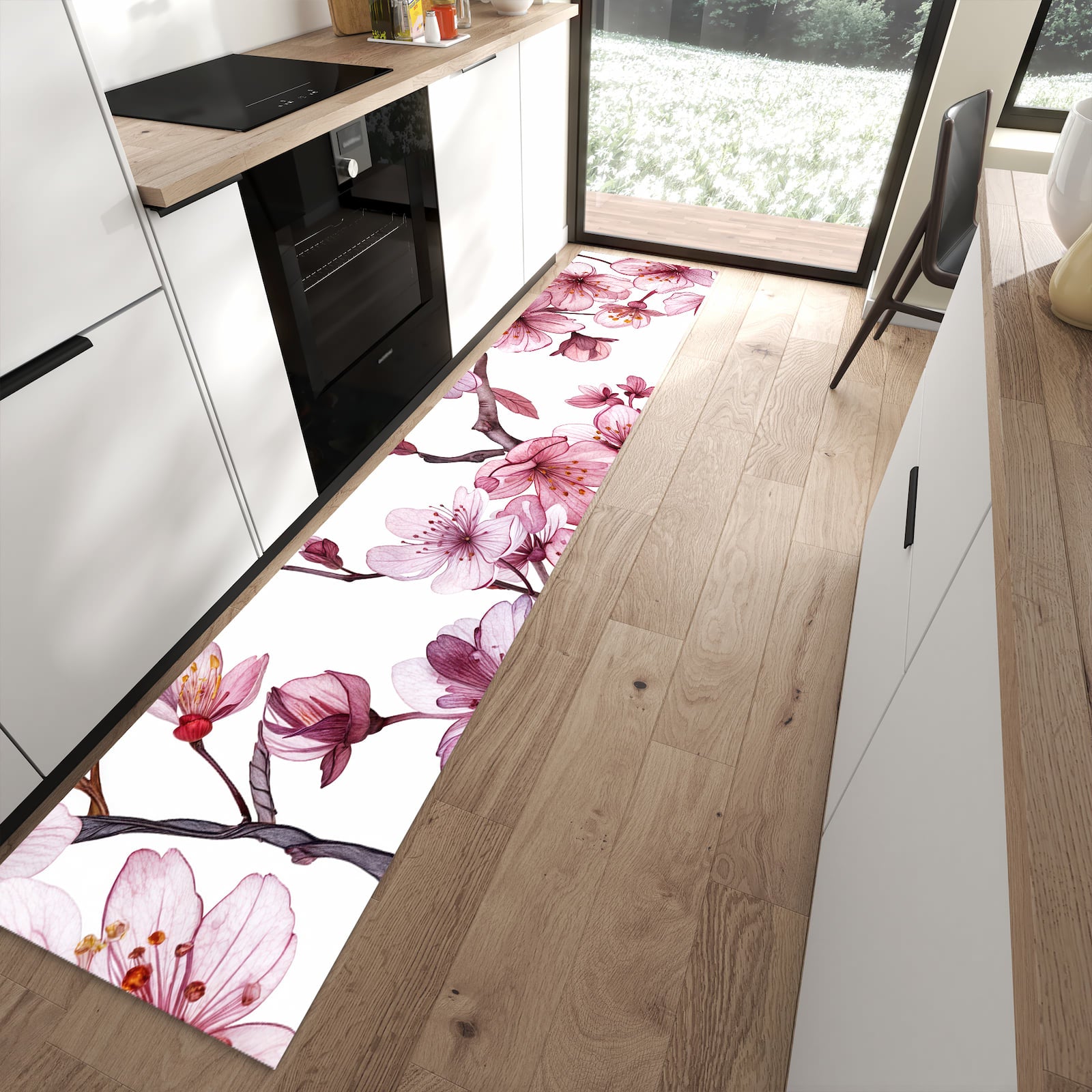 Rutschfester waschbarer Küchenteppich mit Motiv Blütenmeer in moderner Küche
