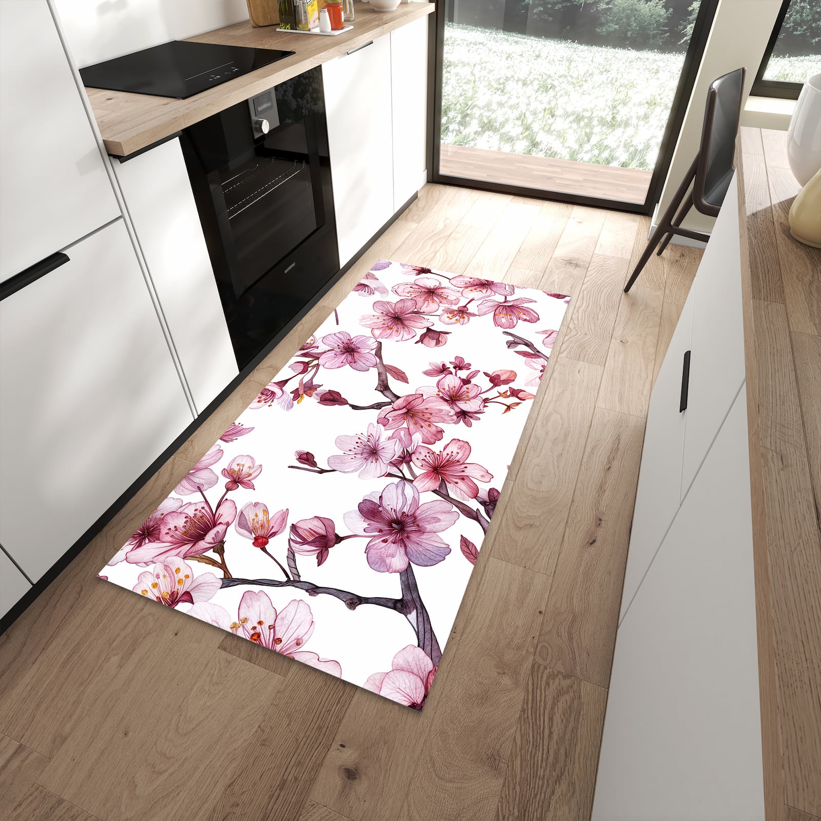 Langlebiger Küchenläufer mit Motiv Blütenmeer in moderner Küche