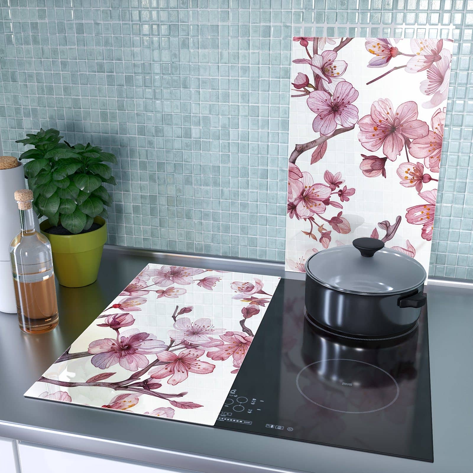 2-teilige Herdabdeckplatte aus Glas mit Blütenmeer-Motiv als Spritzschutz hinter dem Kochfeld