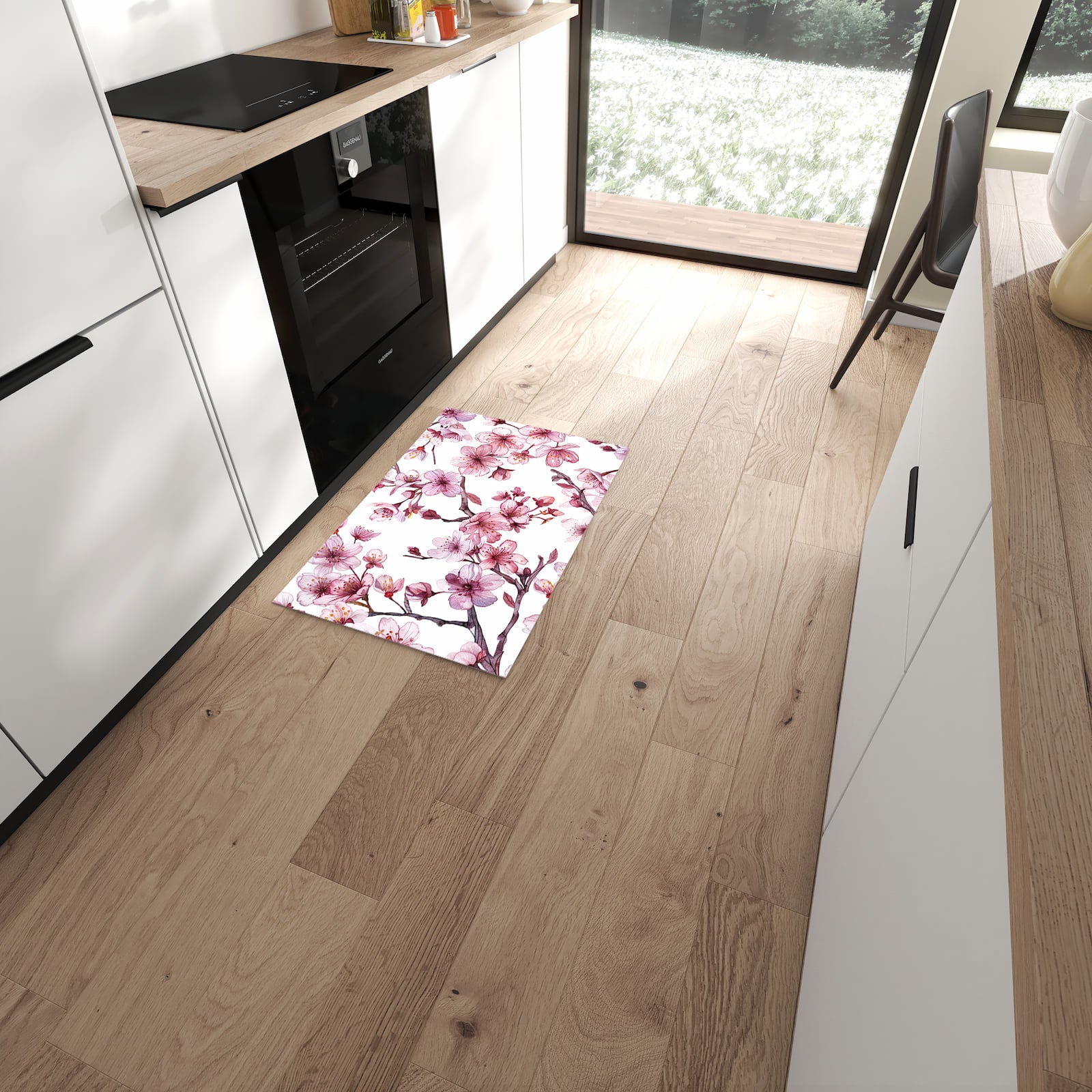 Pflegeleichter großer Küchenteppich mit Motiv Blütenmeer in moderner Küche