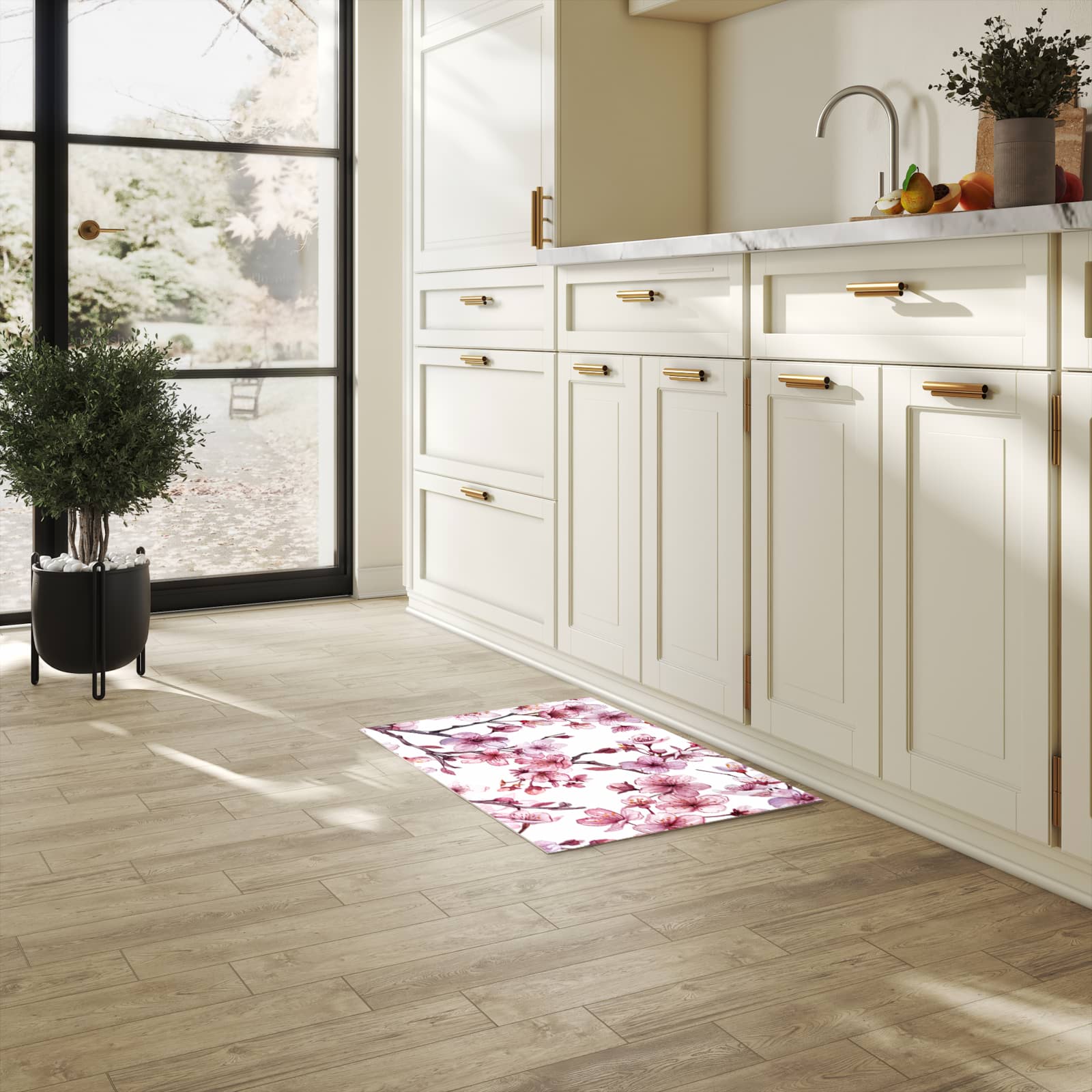 Geruchsneutraler rutschfester Küchenläufer mit Motiv Blütenmeer in heller Küche