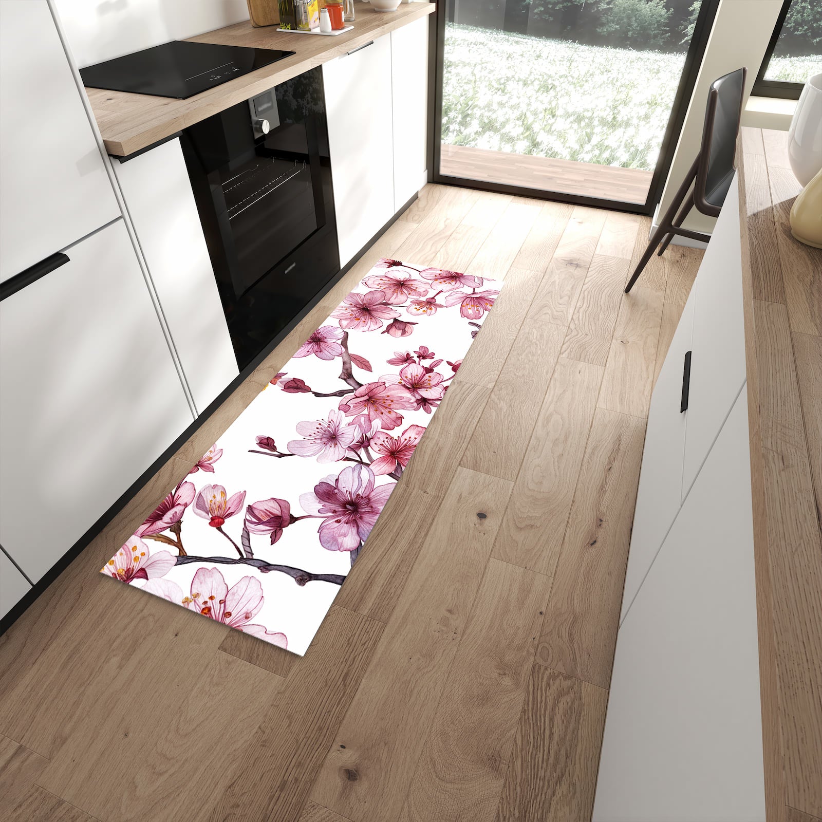 Flacher Küchenteppich mit Motiv Blütenmeer in moderner Küche für rutschfesten Stand