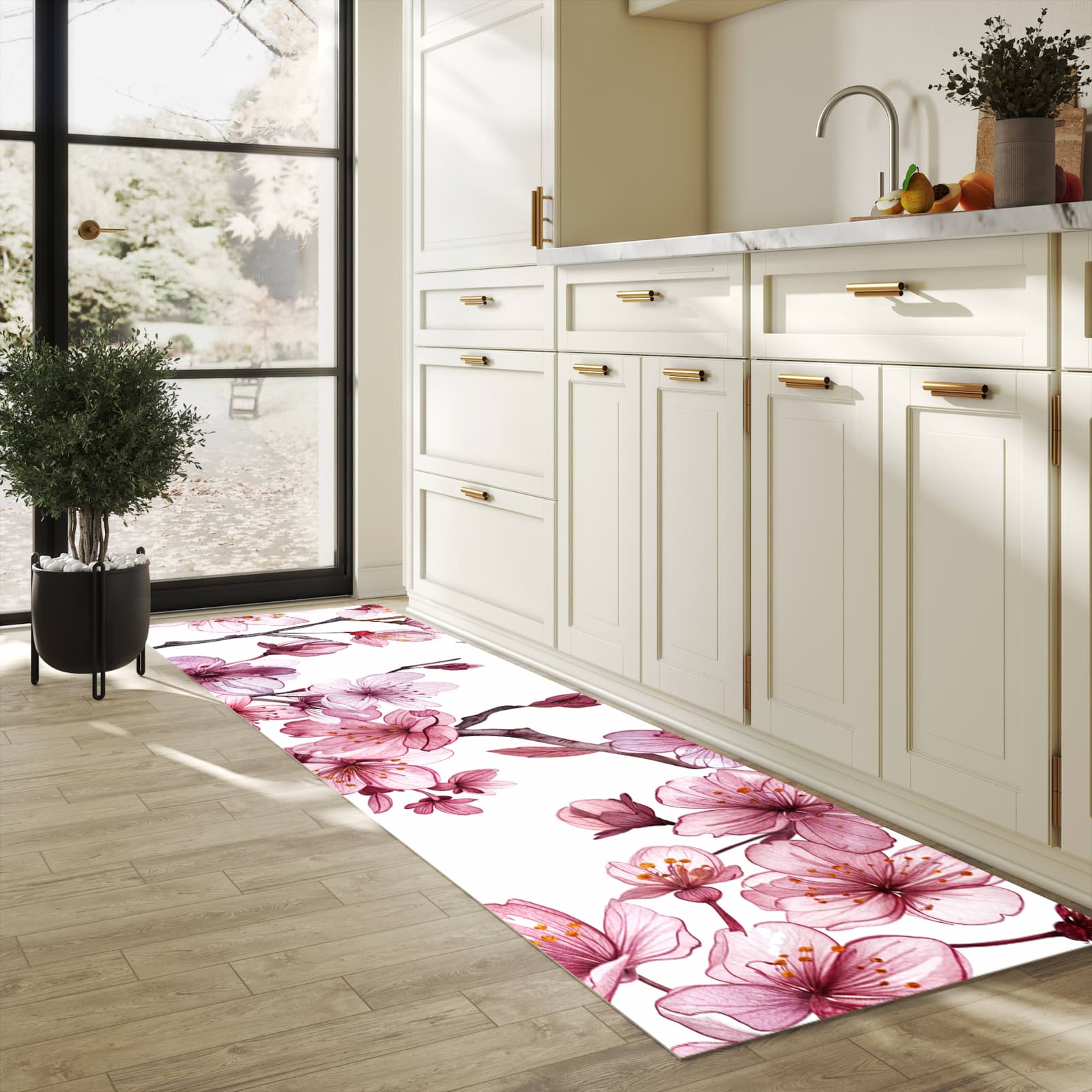 Komfortabler rutschfester Küchenläufer mit Motiv Blütenmeer in heller Küche