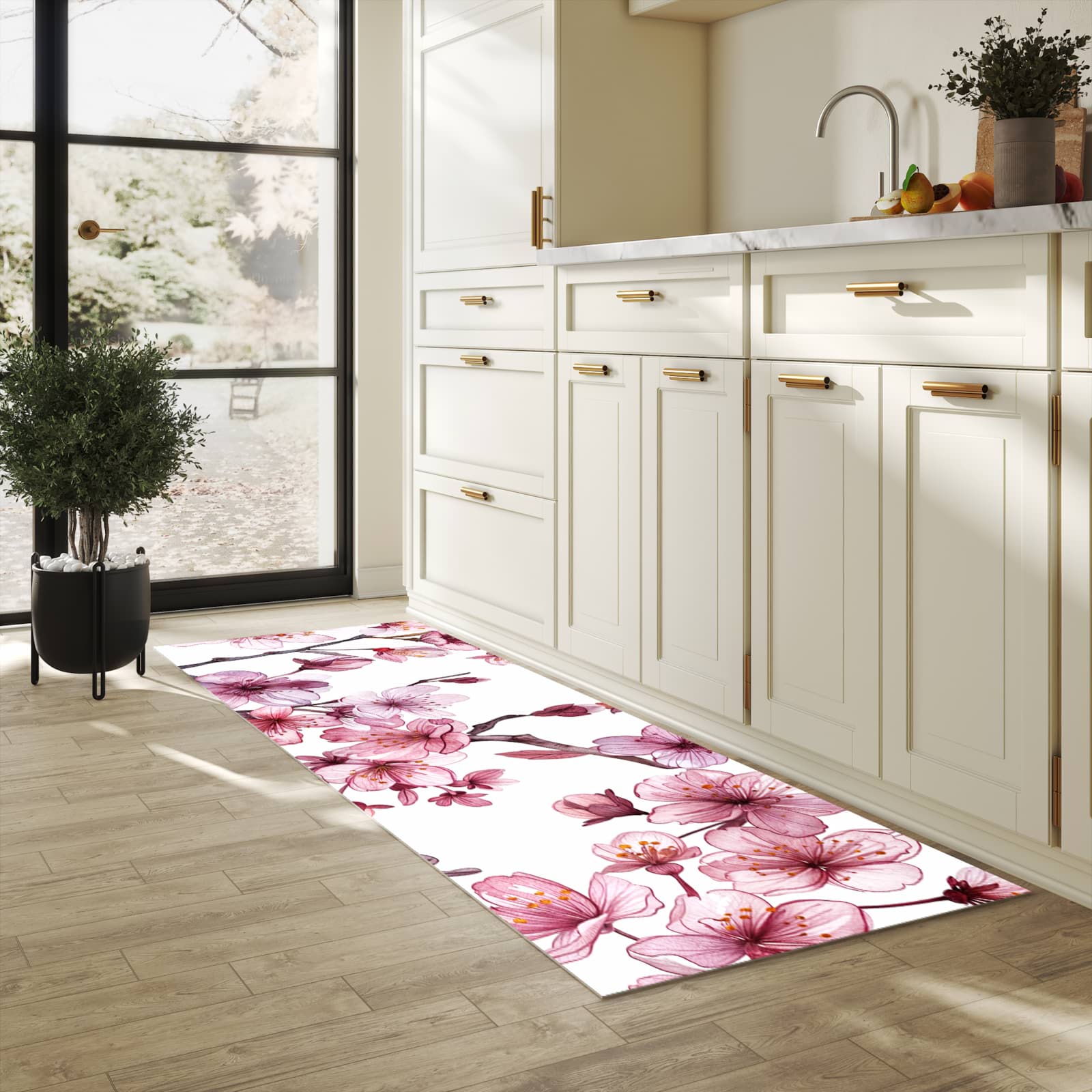Flacher rutschfester Küchenläufer mit Motiv Blütenmeer in heller Küche