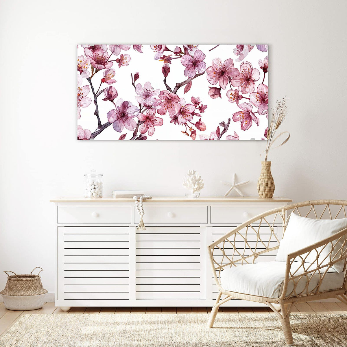 Echtglas, 4 mm – kein Acryl, keine Folie – Wandbild - Kirschblüten auf Weiß - Querformat