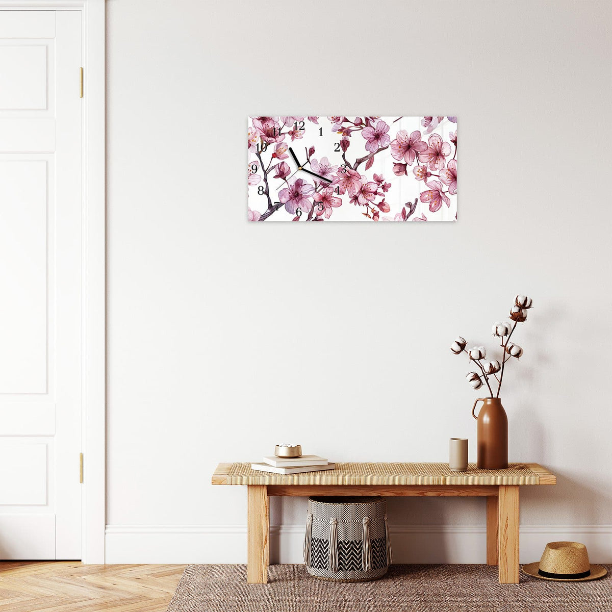 Moderne Wanduhr aus Glas mit Farbtiefe – Wanduhr Blütenmeer aus Glas – Querformat 60 × 30 cm