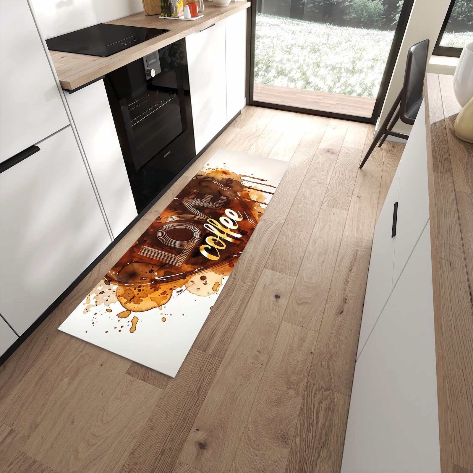 Farbbeständiger Läufer für den Eingangsbereich mit Motiv Kaffeeherz in moderner Küche