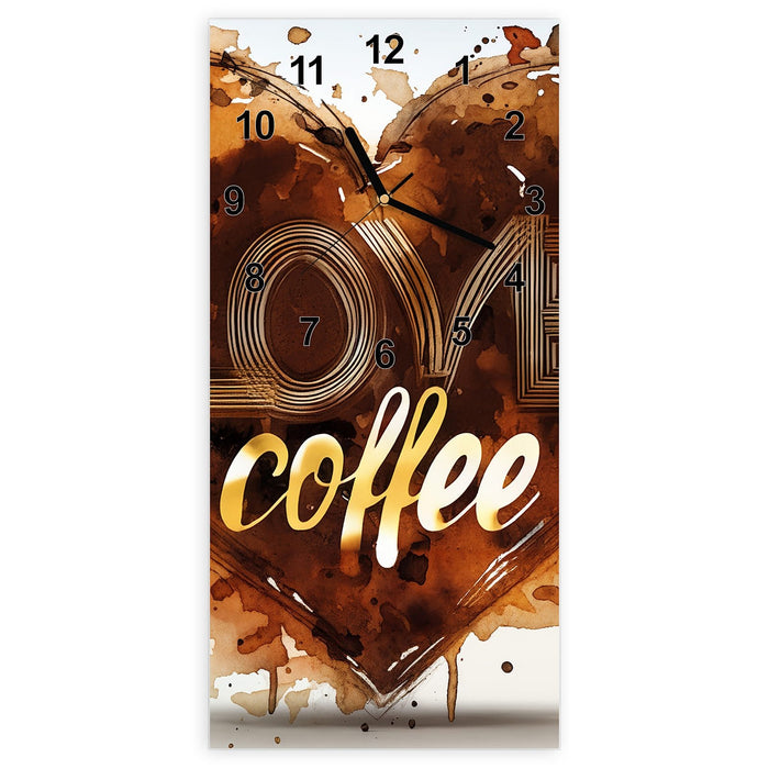 Wanduhr Kaffeeherz aus Glas – Hochformat 30 × 60 cm mit Ziffernblatt Modern