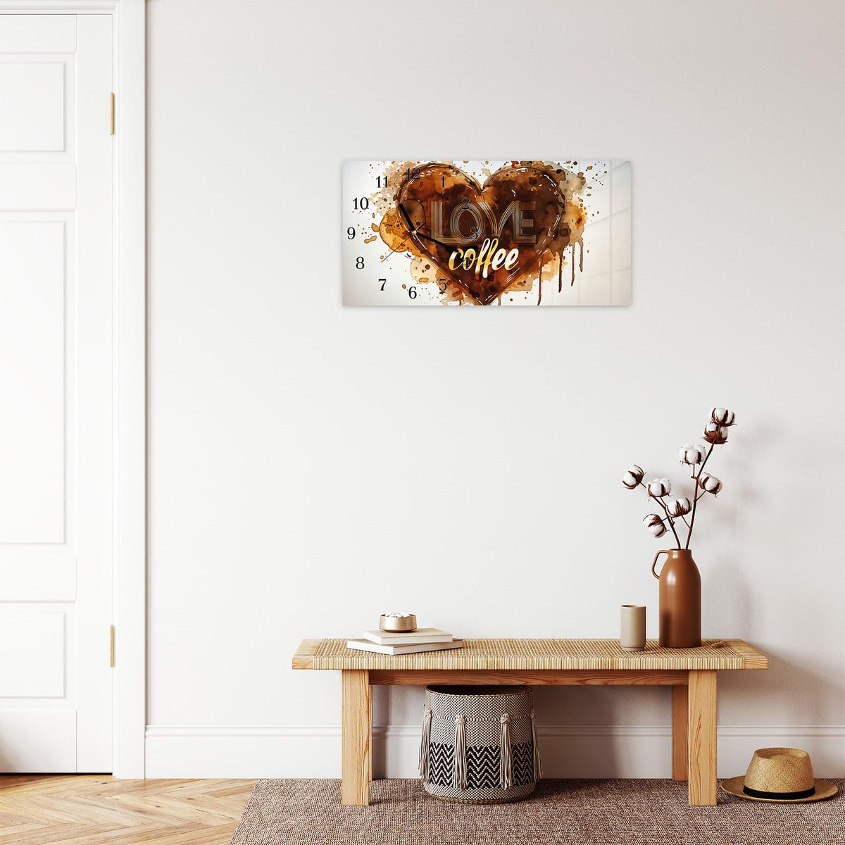 Moderne Wanduhr aus Glas mit Farbtiefe – Wanduhr Kaffeeherz aus Glas – Querformat 60 × 30 cm