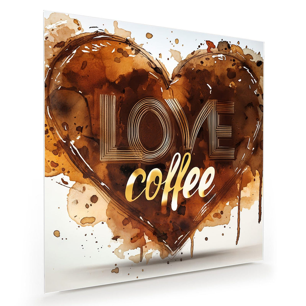 Gemaltes Herz aus Kaffeeflecken mit dem Schriftzug 'LOVE coffee' vor Weiß