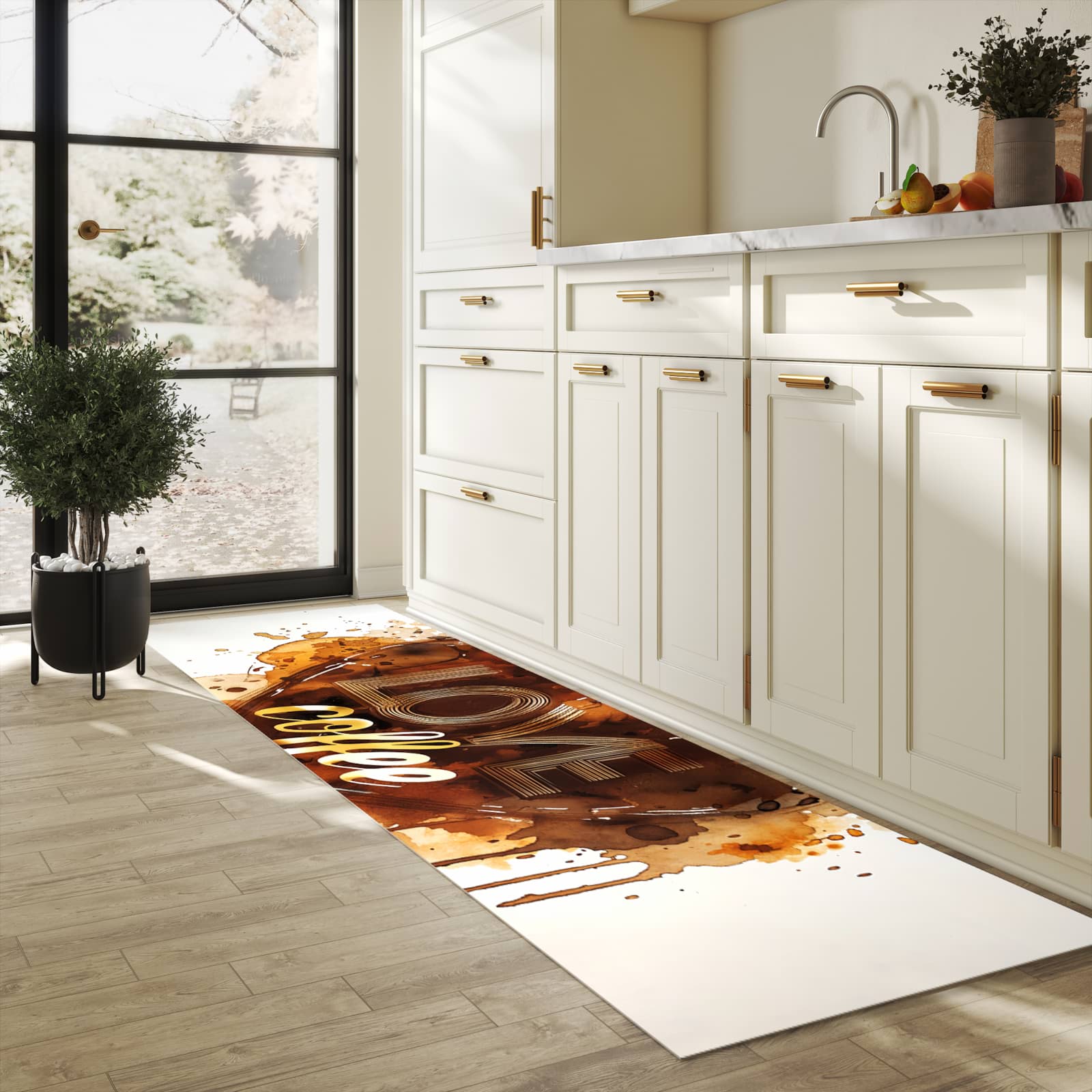 Küchenteppich mit Motiv Kaffeeherz in heller Küche für sicheres Aufbewahren