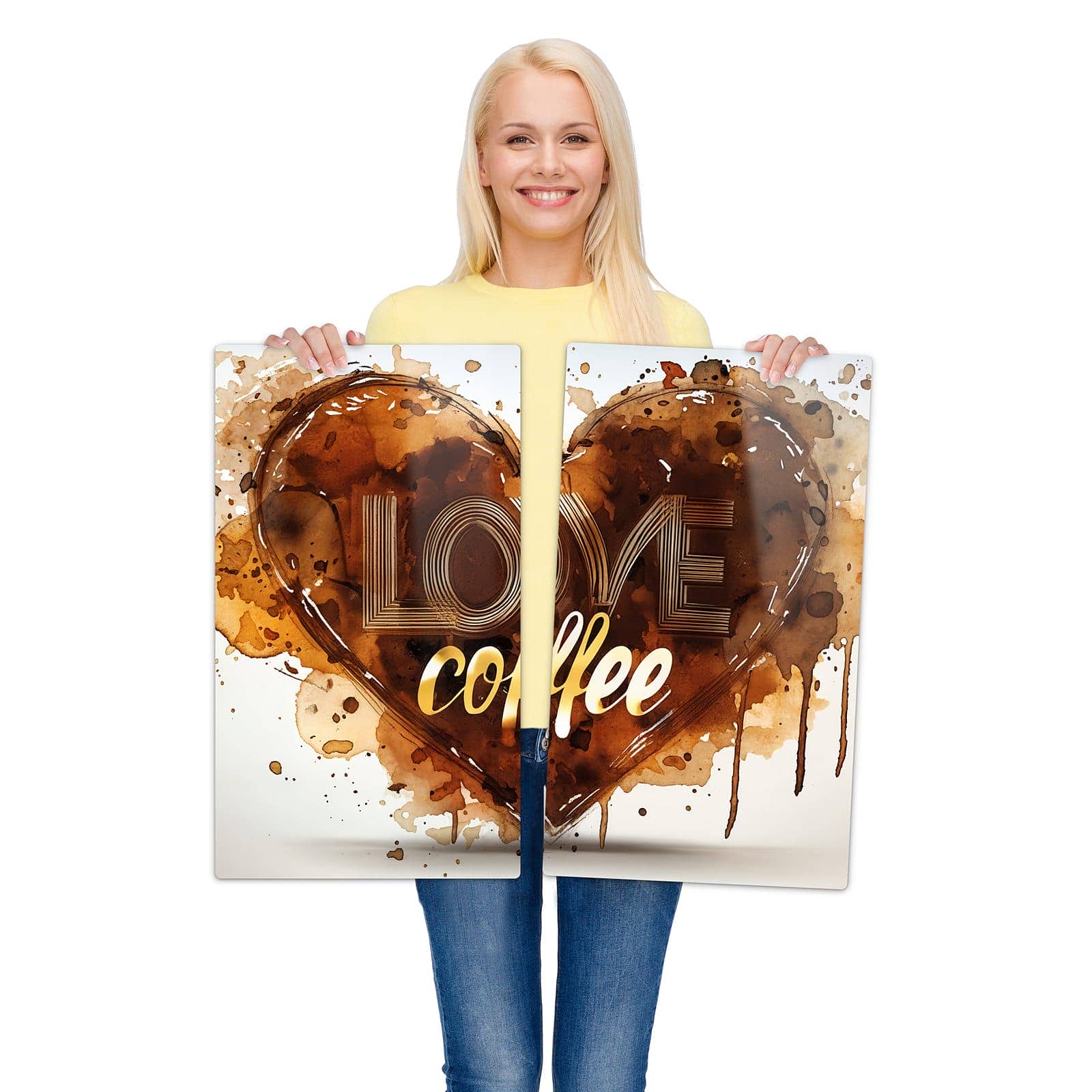 2-teilige Herdabdeckplatte Induktion mit Kaffeeherz-Motiv wird zur Größendarstellung gehalten