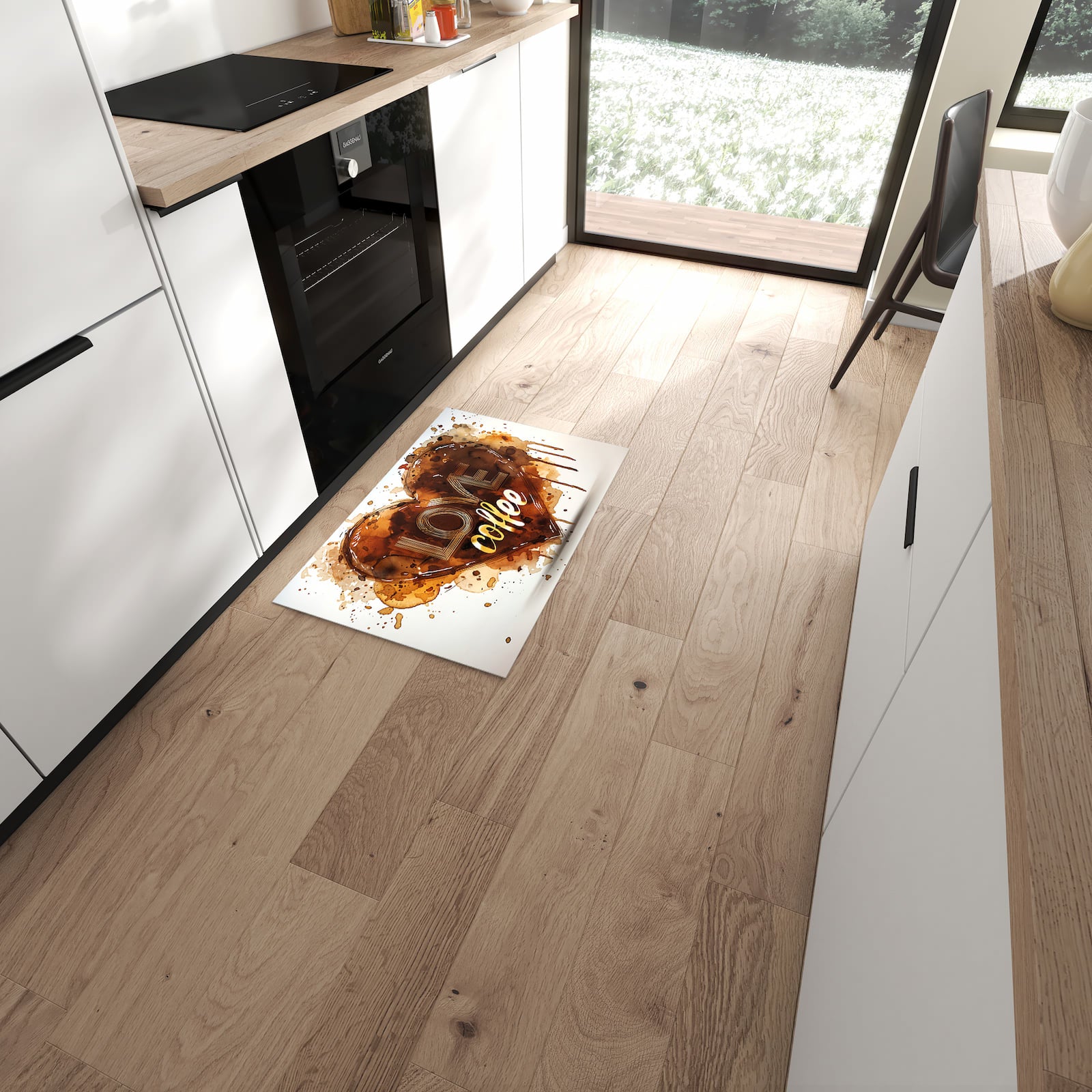 Geräuschdämpfender dünner Küchenteppich mit Motiv Kaffeeherz in moderner Küche
