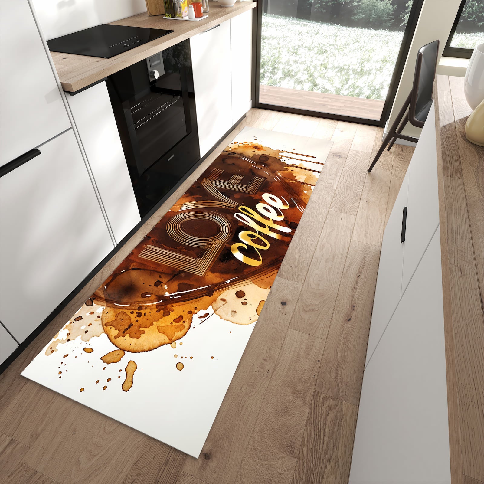 UV-beständiger waschbarer Teppich für Esstisch mit Motiv Kaffeeherz in moderner Küche