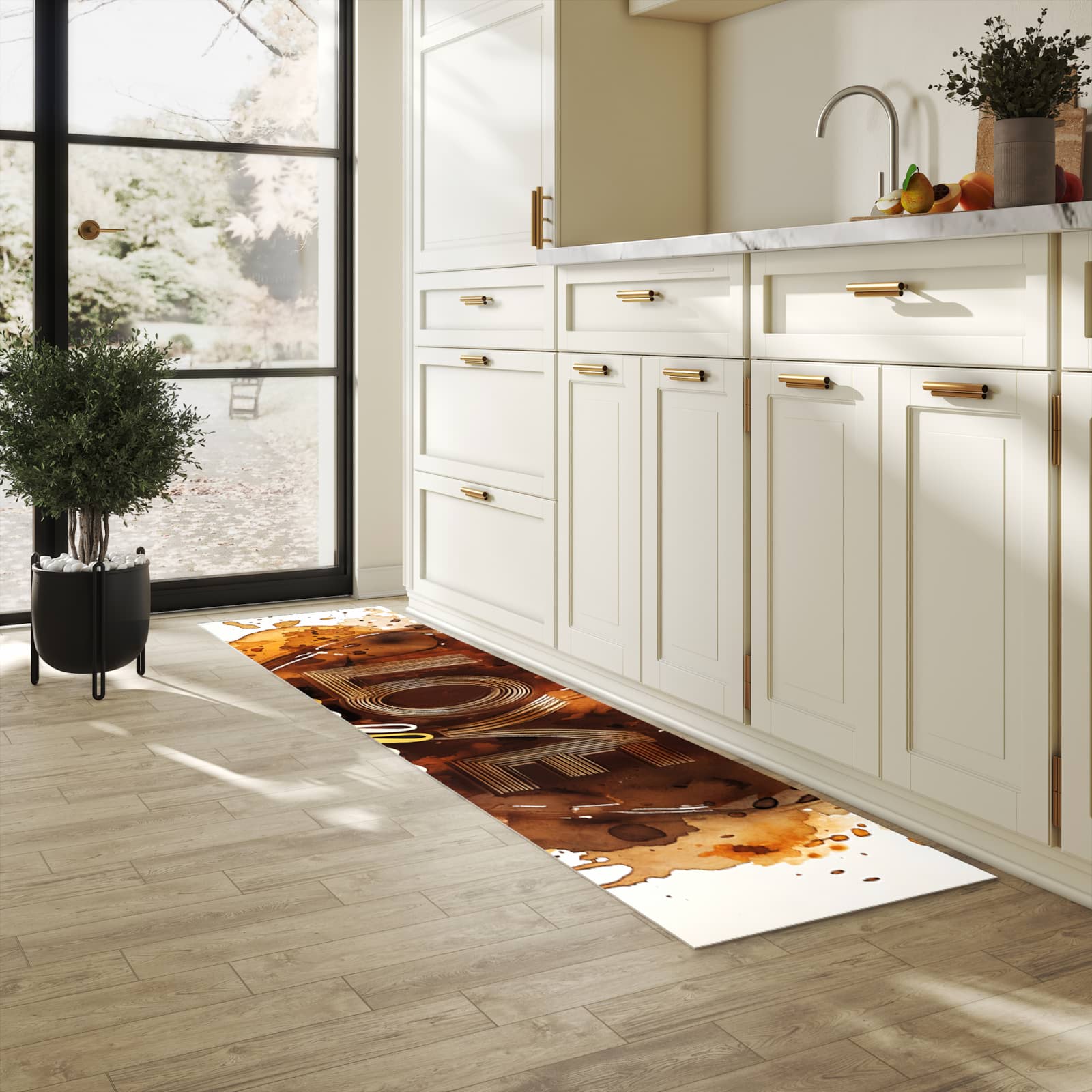 Feuchtigkeitsresistenter Bodenläufer mit Motiv Kaffeeherz in heller Küche