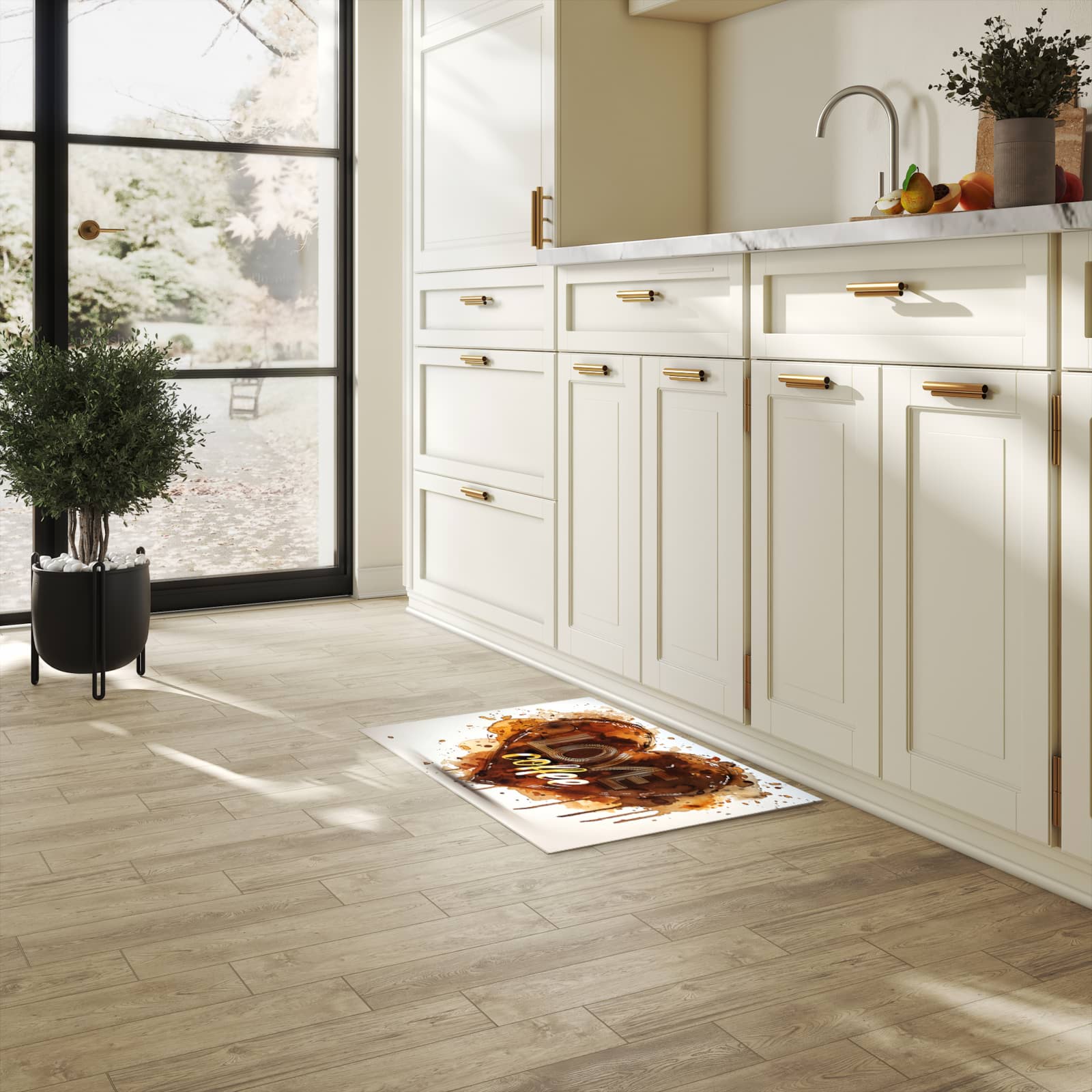 Küchenteppich mit Motiv Kaffeeherz für Ordnung & Übersicht in heller Küche