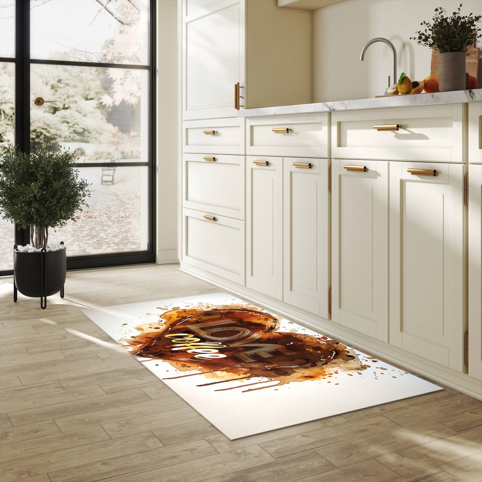 Zeitsparender Küchenteppich mit Motiv Kaffeeherz in heller Küche - leicht waschbar