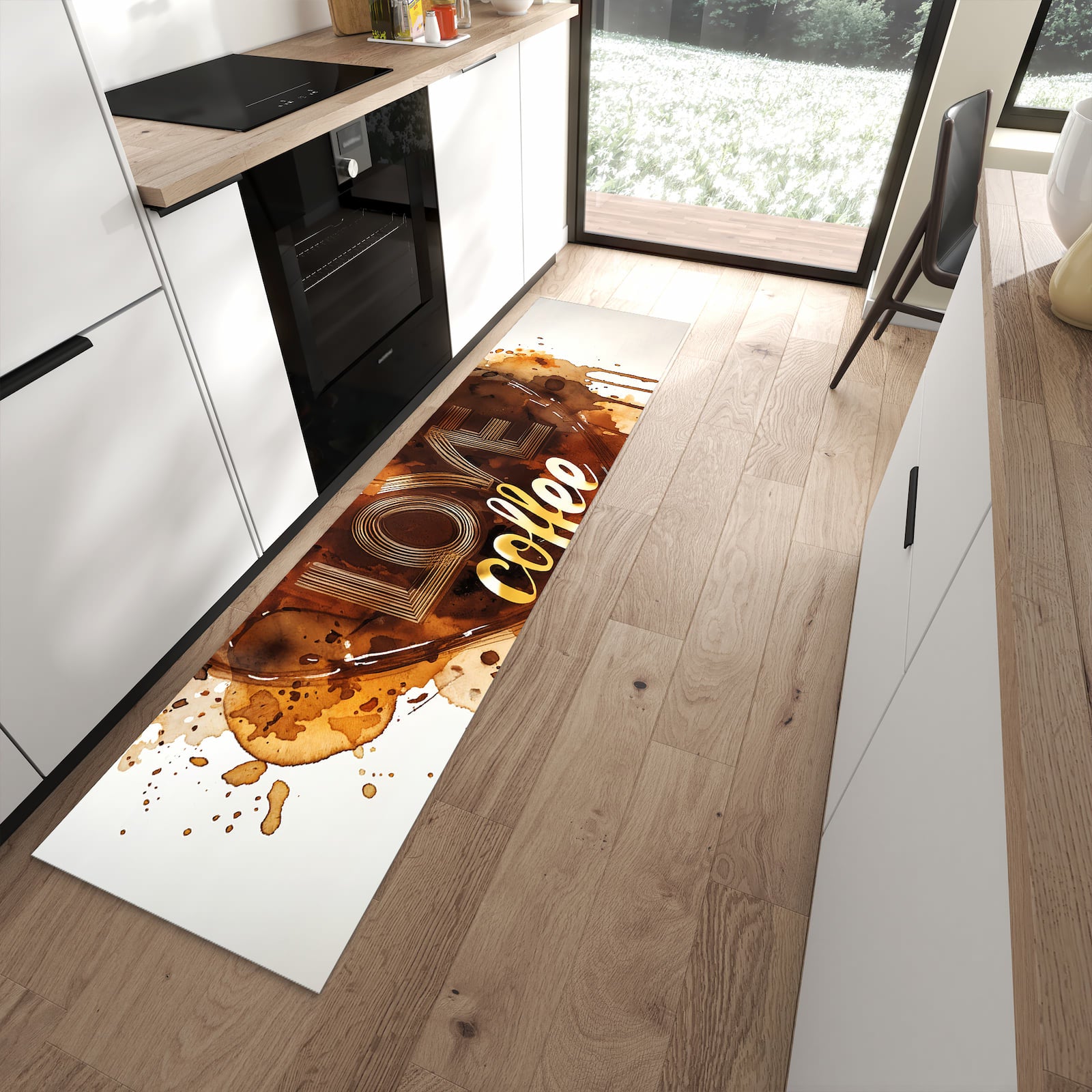 Formstabiler Läufer mit Motiv Kaffeeherz in moderner Küche für rutschfesten Stand