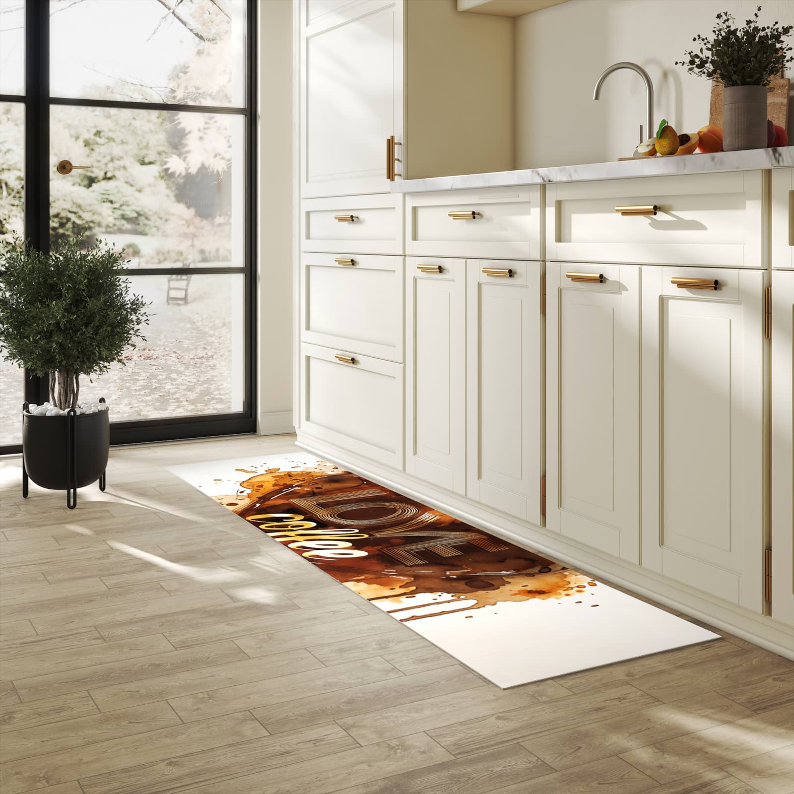 Rutschfester Küchenteppich mit Motiv Kaffeeherz in heller Küche