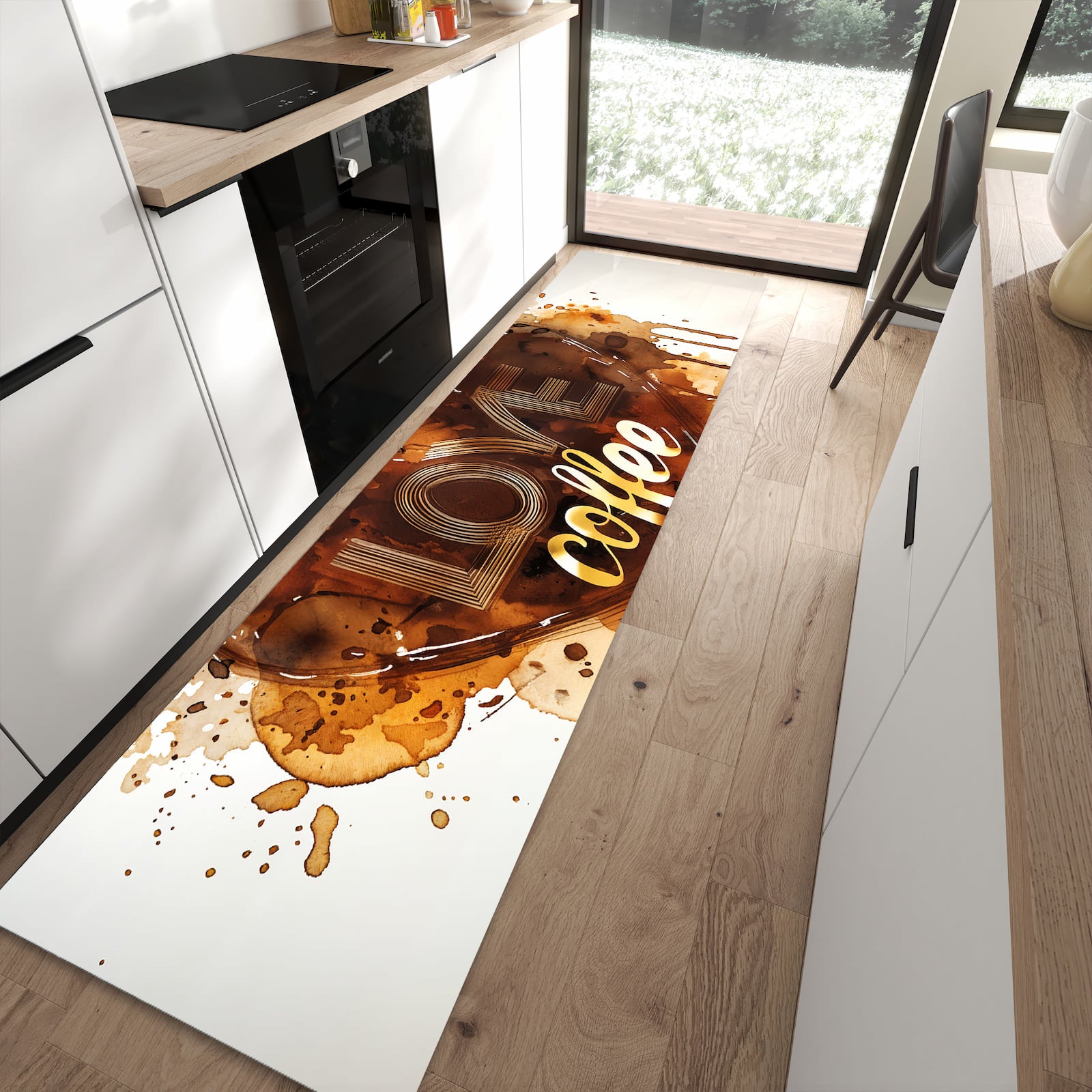 Wasserabweisender Bodenläufer mit Motiv Kaffeeherz in moderner Küche