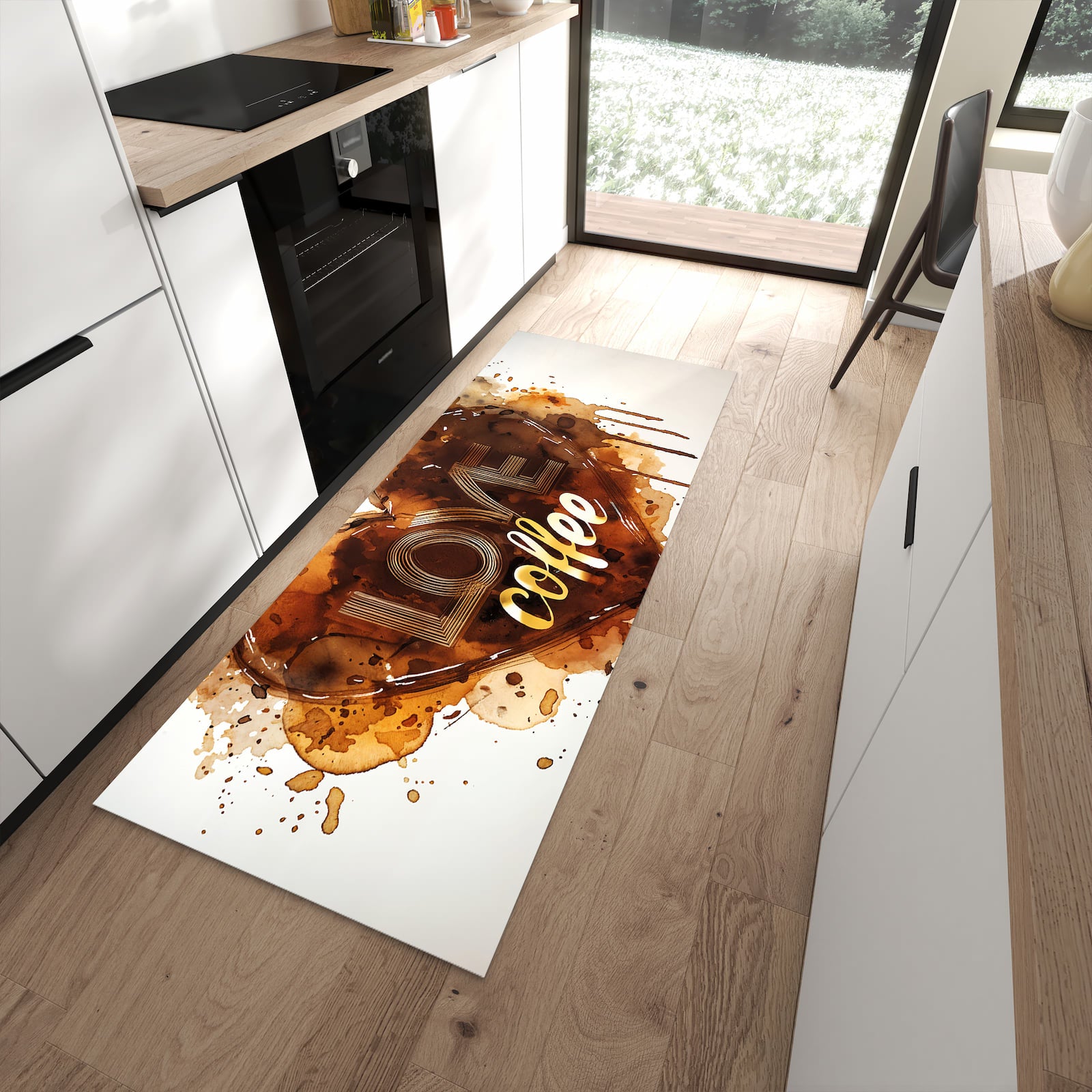 Abriebfester waschbarer Teppich fürs Esszimmer mit Motiv Kaffeeherz in moderner Küche