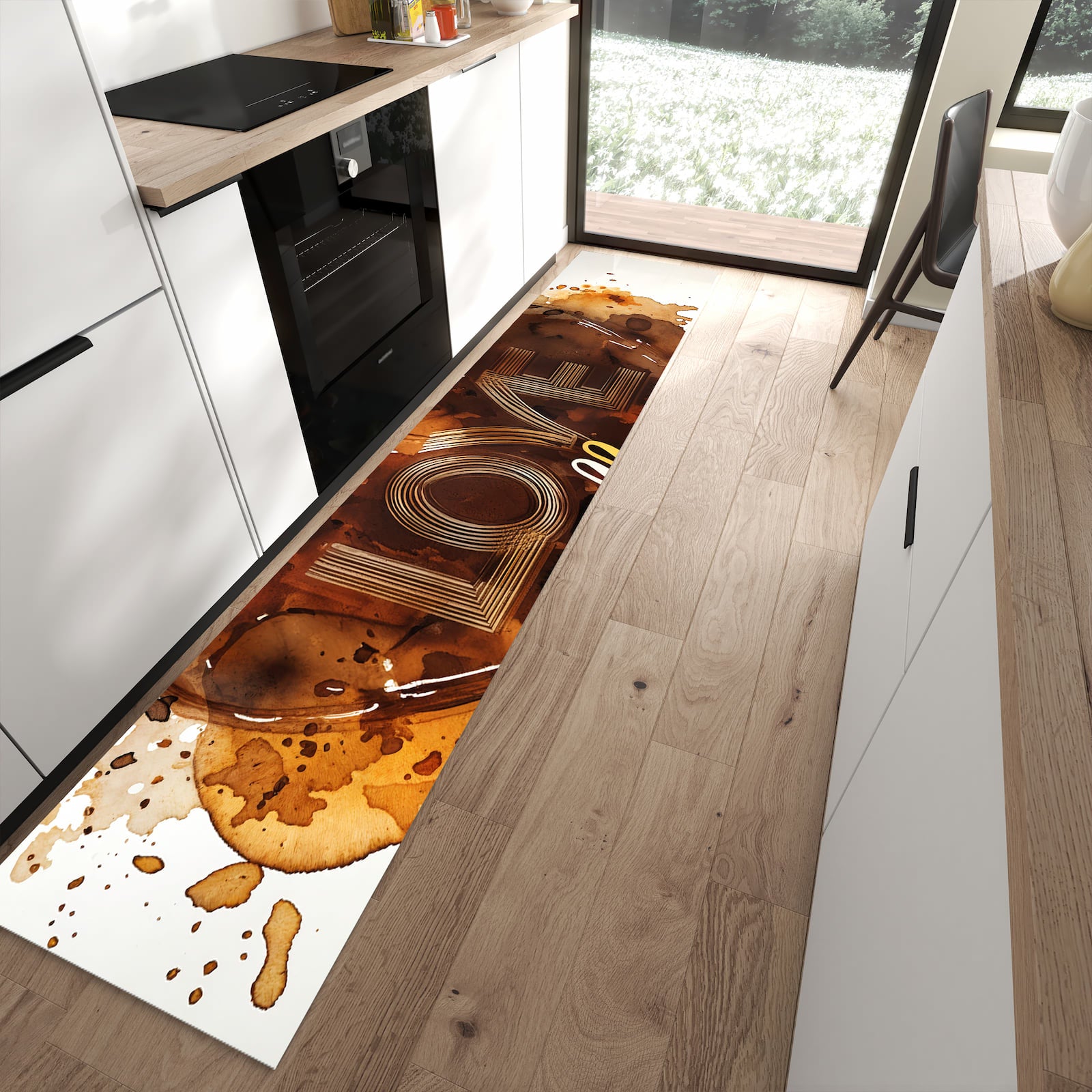 Rutschfester dünner Teppich mit Motiv Kaffeeherz spart Zeit in moderner Küche