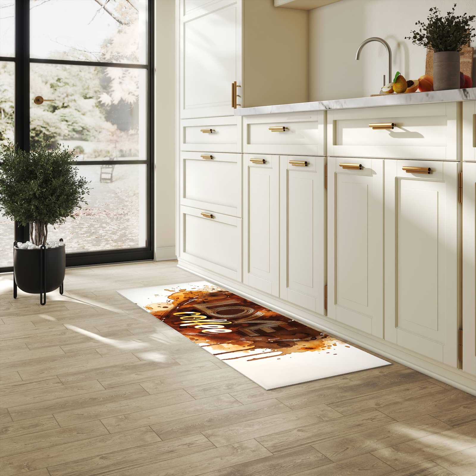 Langlebiger Teppich für Esstisch mit Motiv Kaffeeherz in heller Küche, waschbar