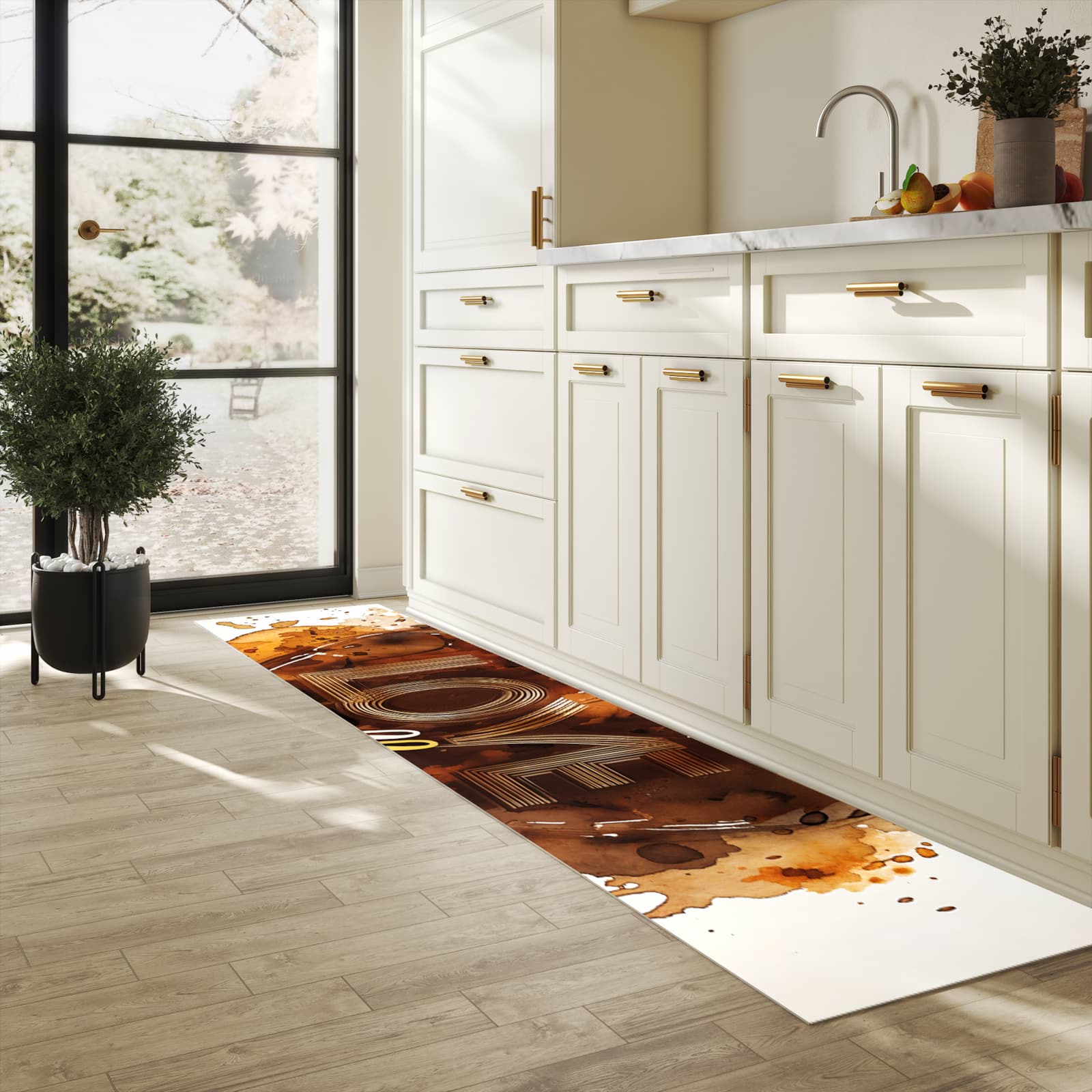 Bodenschonender Bodenläufer-Teppich mit Motiv Kaffeeherz in heller Küche