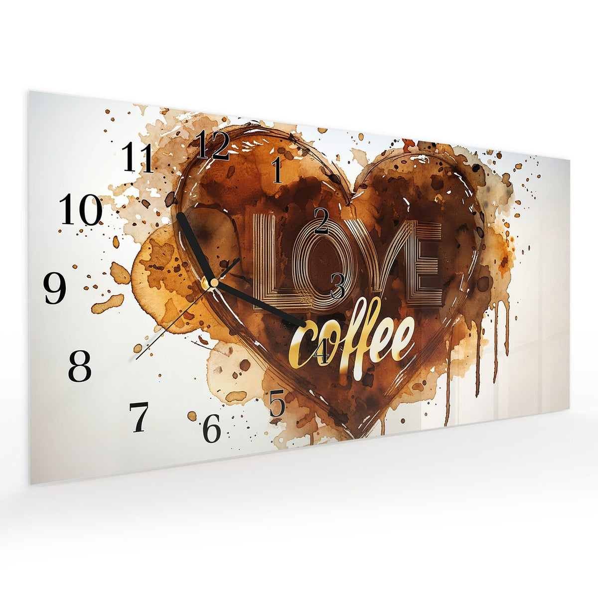 Vormontiert – mit Schwebeeffekt – Wanduhr Kaffeeherz aus Glas – Querformat 60 × 30 cm