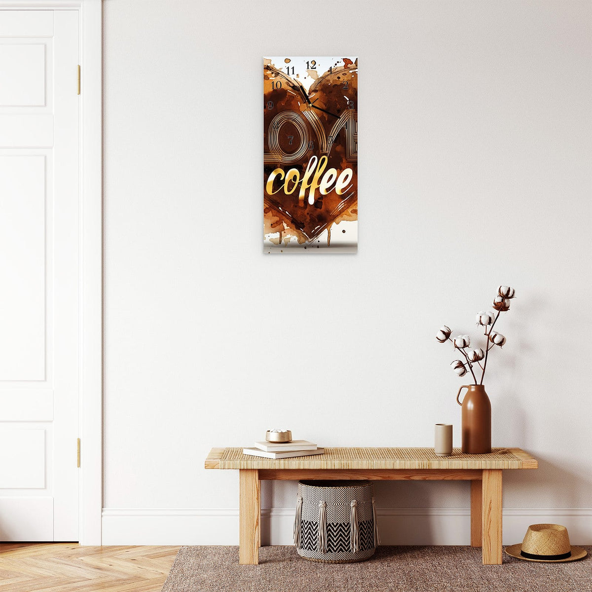 Moderne Wanduhr aus Glas mit Farbtiefe – Wanduhr Kaffeeherz aus Glas – Hochformat 30 × 60 cm