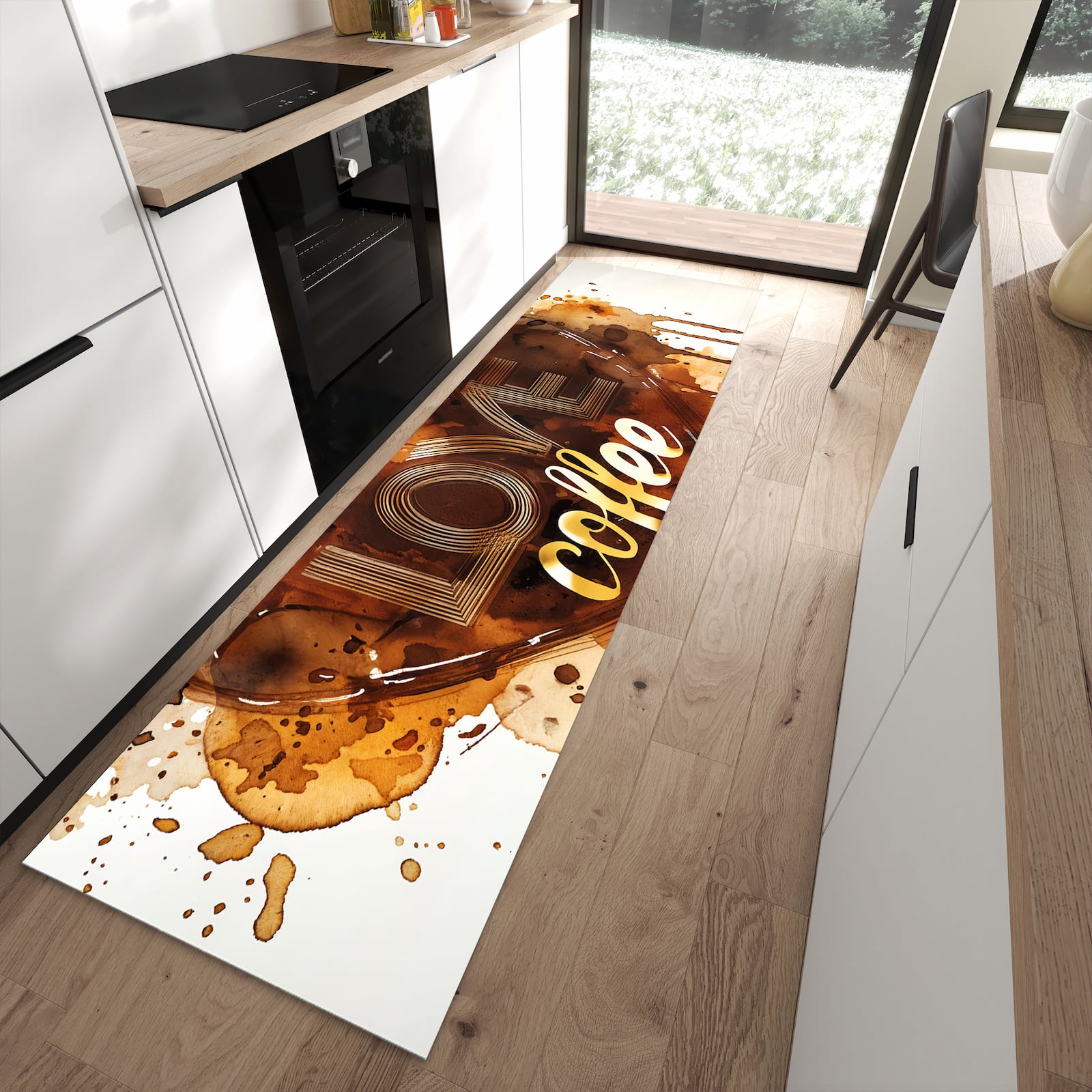 Rutschfester Küchenteppich mit Motiv Kaffeeherz für Trittkomfort in moderner Küche