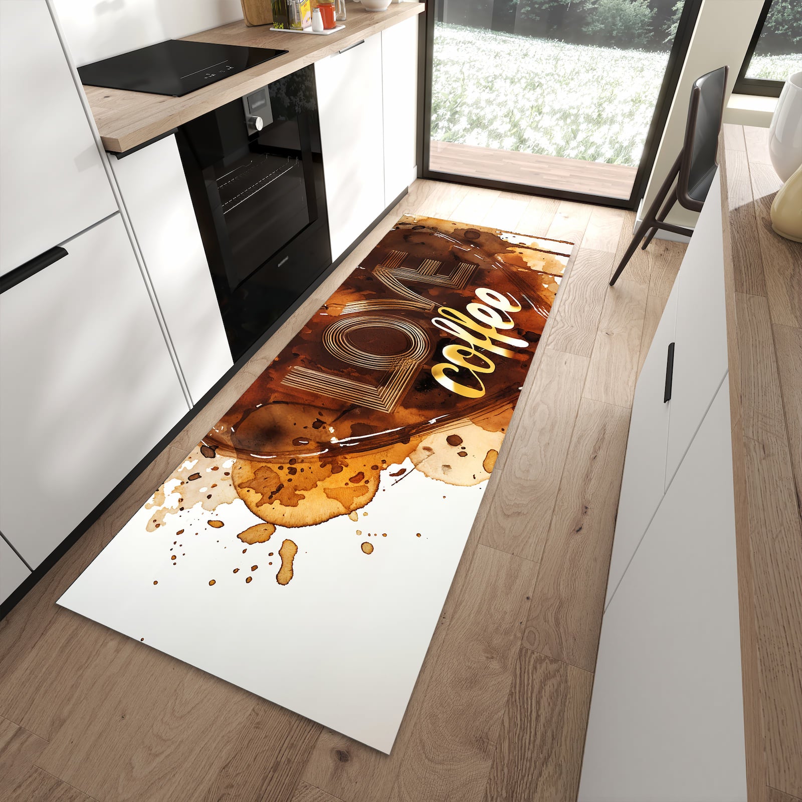 Schmutzabweisender Küchenteppich mit Motiv Kaffeeherz in moderner Küche