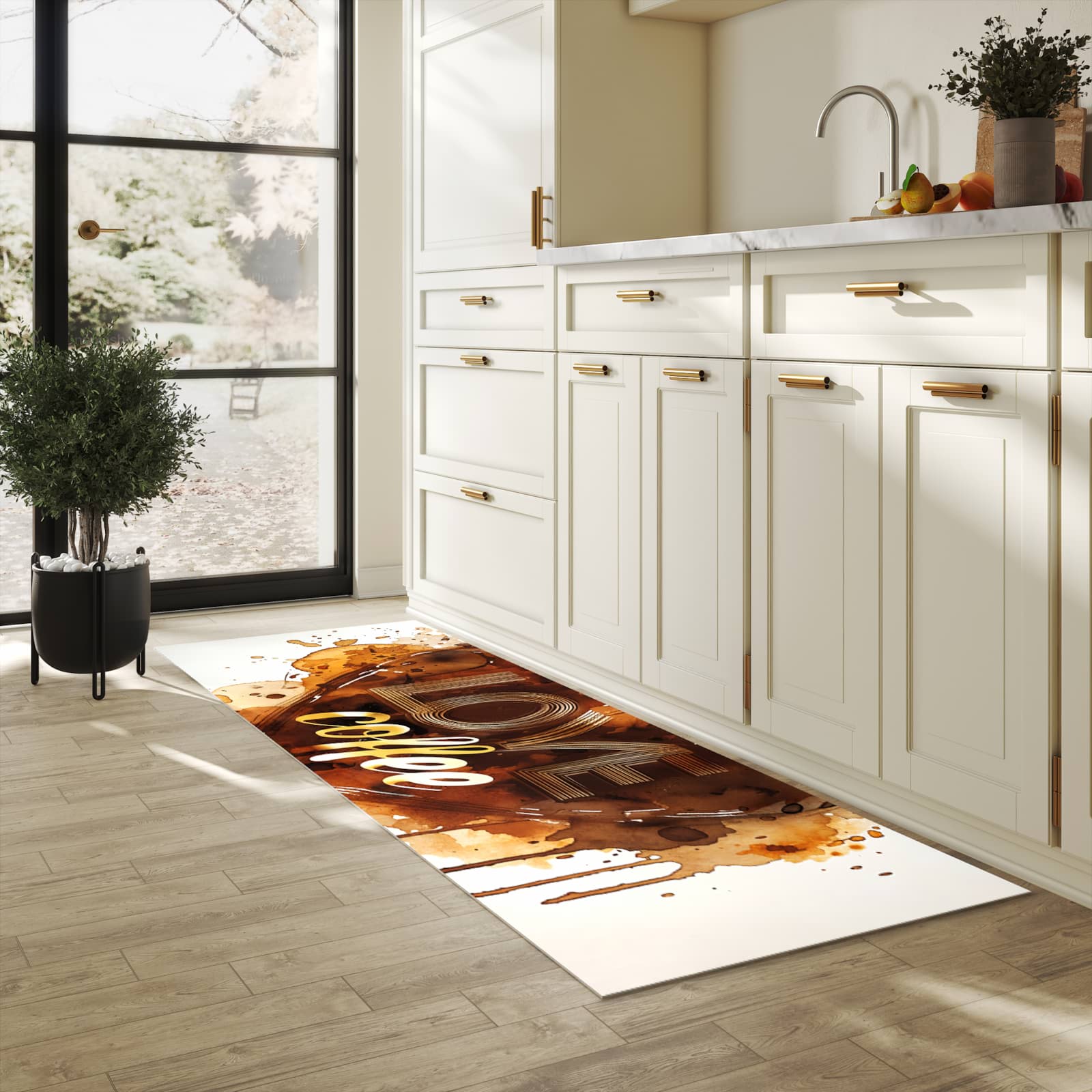 Farbbeständiger Küchenteppich mit Motiv Kaffeeherz in heller Küche